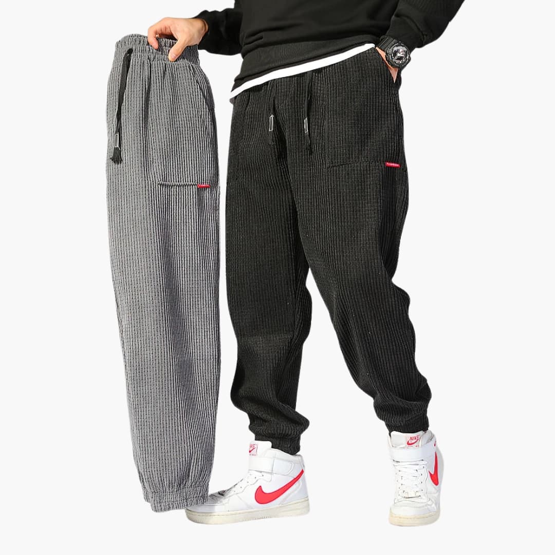 Men's Wilfred Smith corduroy joggers with drawstrings and cuffs; gray striped and black pair (2 items)
