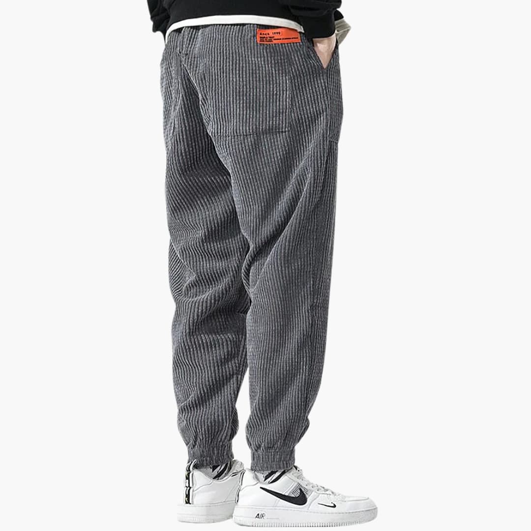Men's corduroy jogging pants with drawstring and cuffs, gray fabric, Wilfred Smith
