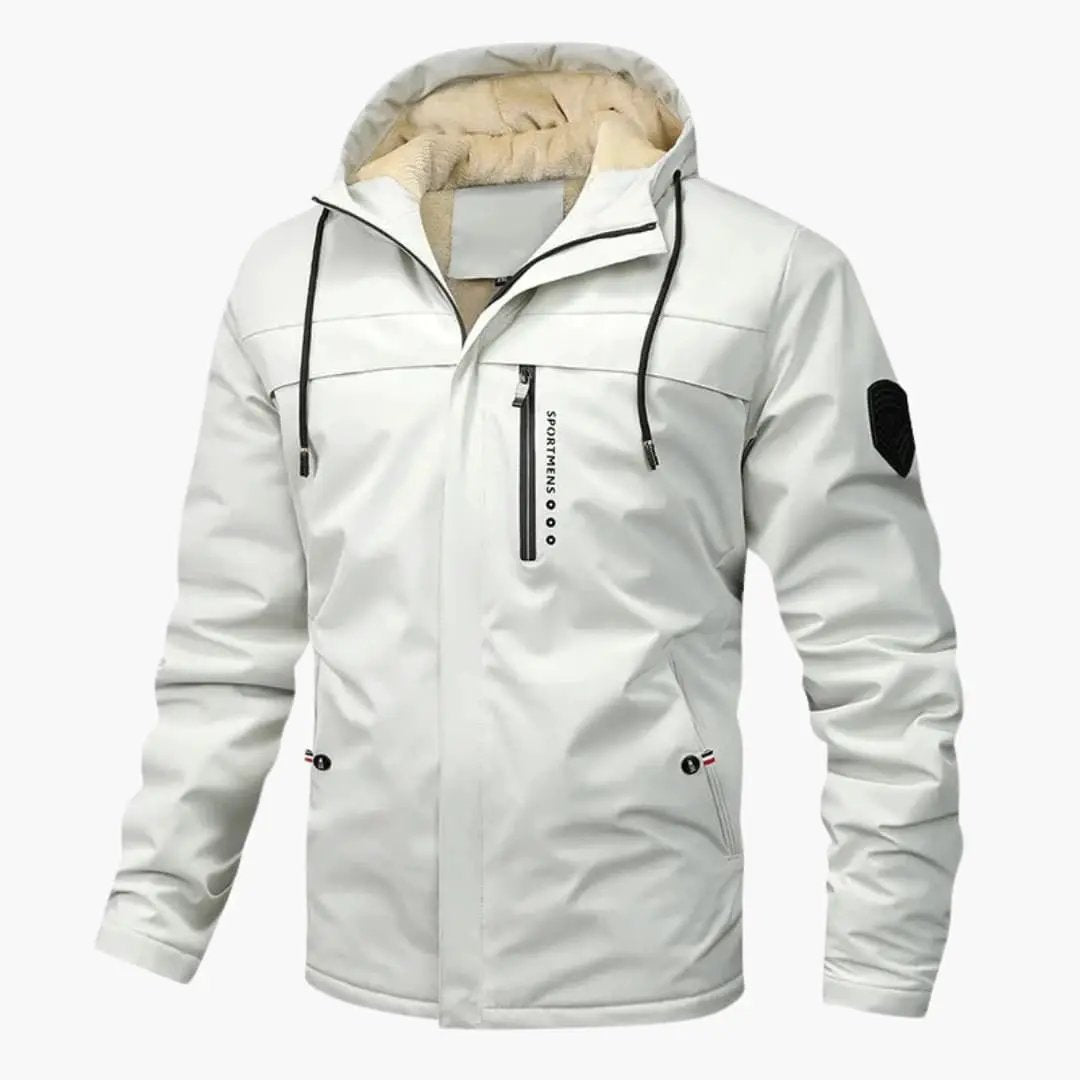 Men's hooded jacket with zipper and pockets, white with black drawstrings and beige fleece-lined hood