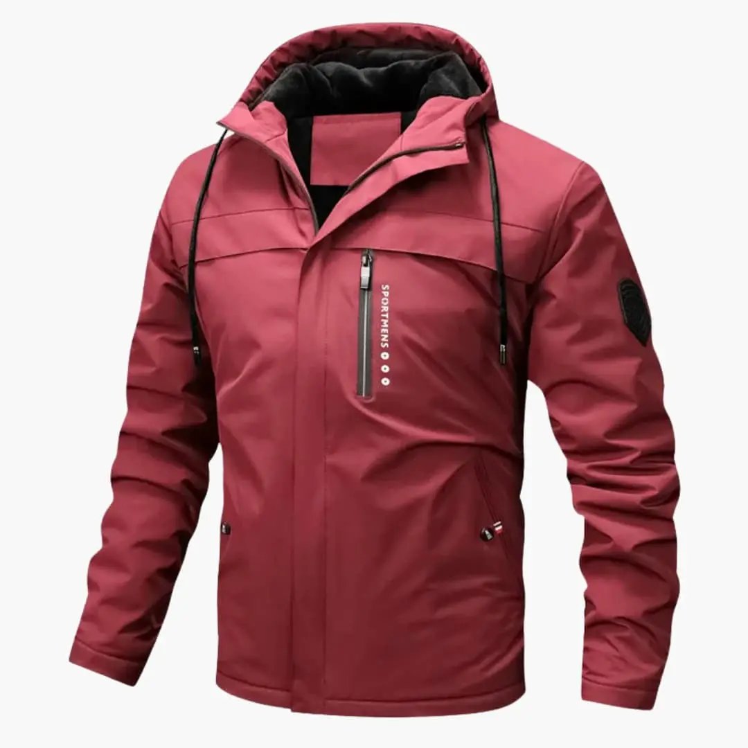 Men's Wilfred Smith burgundy hooded jacket with chest zip pocket and side pockets.