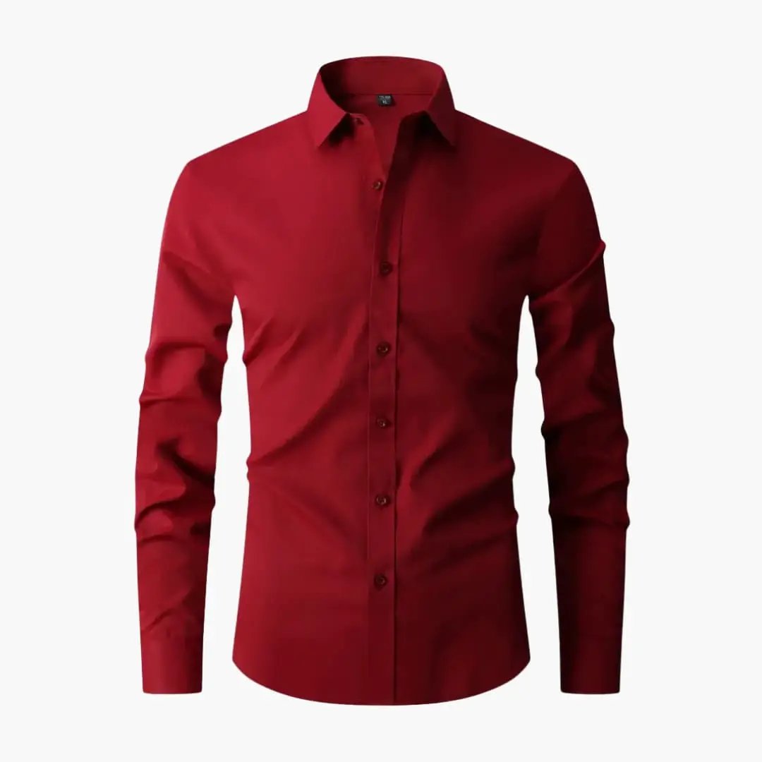 Men's long sleeve shirt with collar and button placket by Wilfred Smith in red