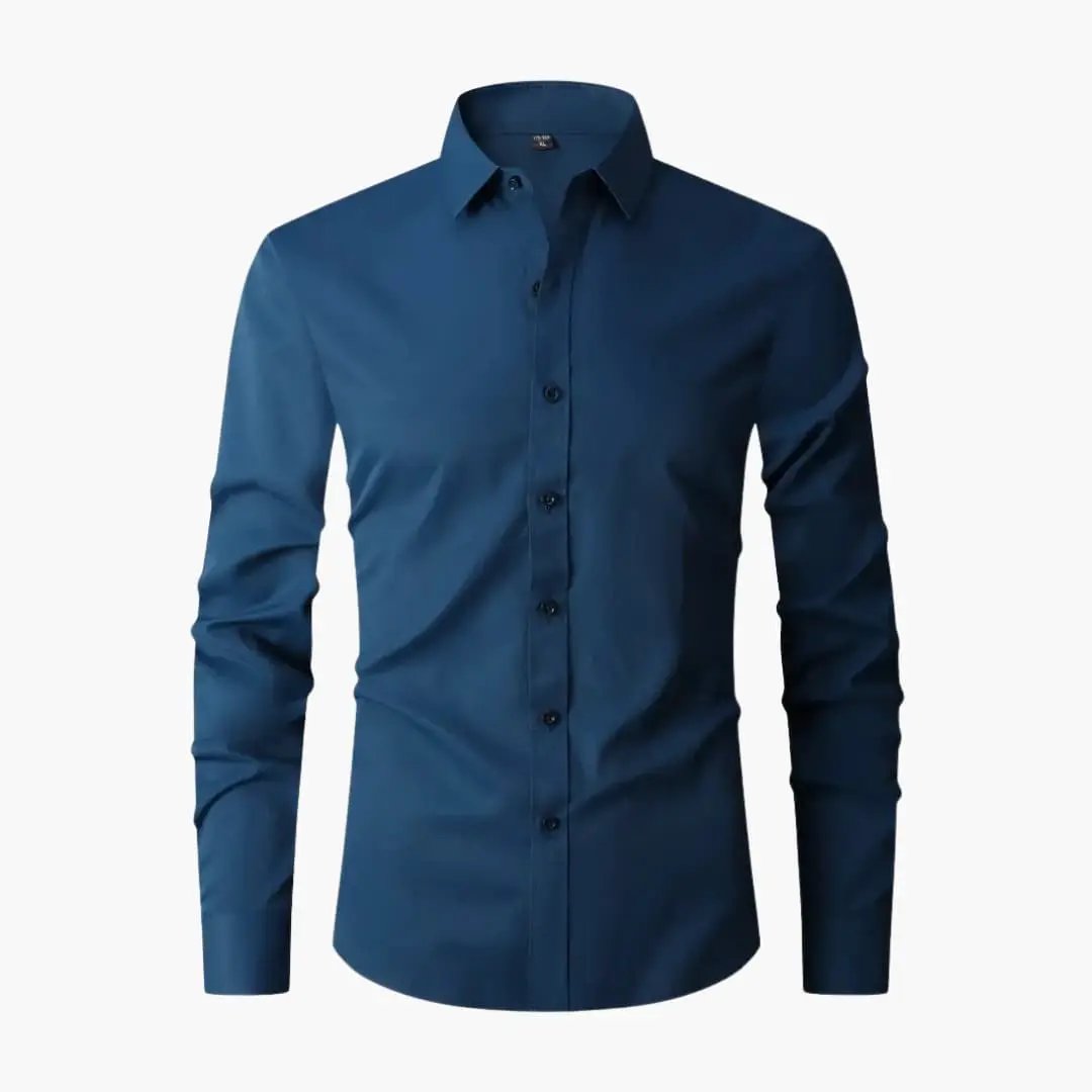 Men's long sleeve shirt with collar and button placket in navy blue by Wilfred Smith