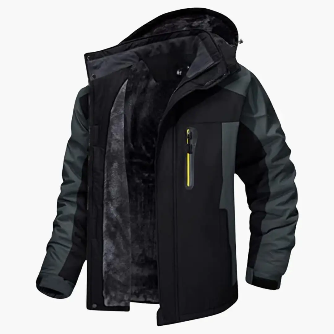 Men’s Outdoor Jacket with Hood and Zipper, Wilfred Smith, black/gray color-block sport jacket with yellow chest zip.