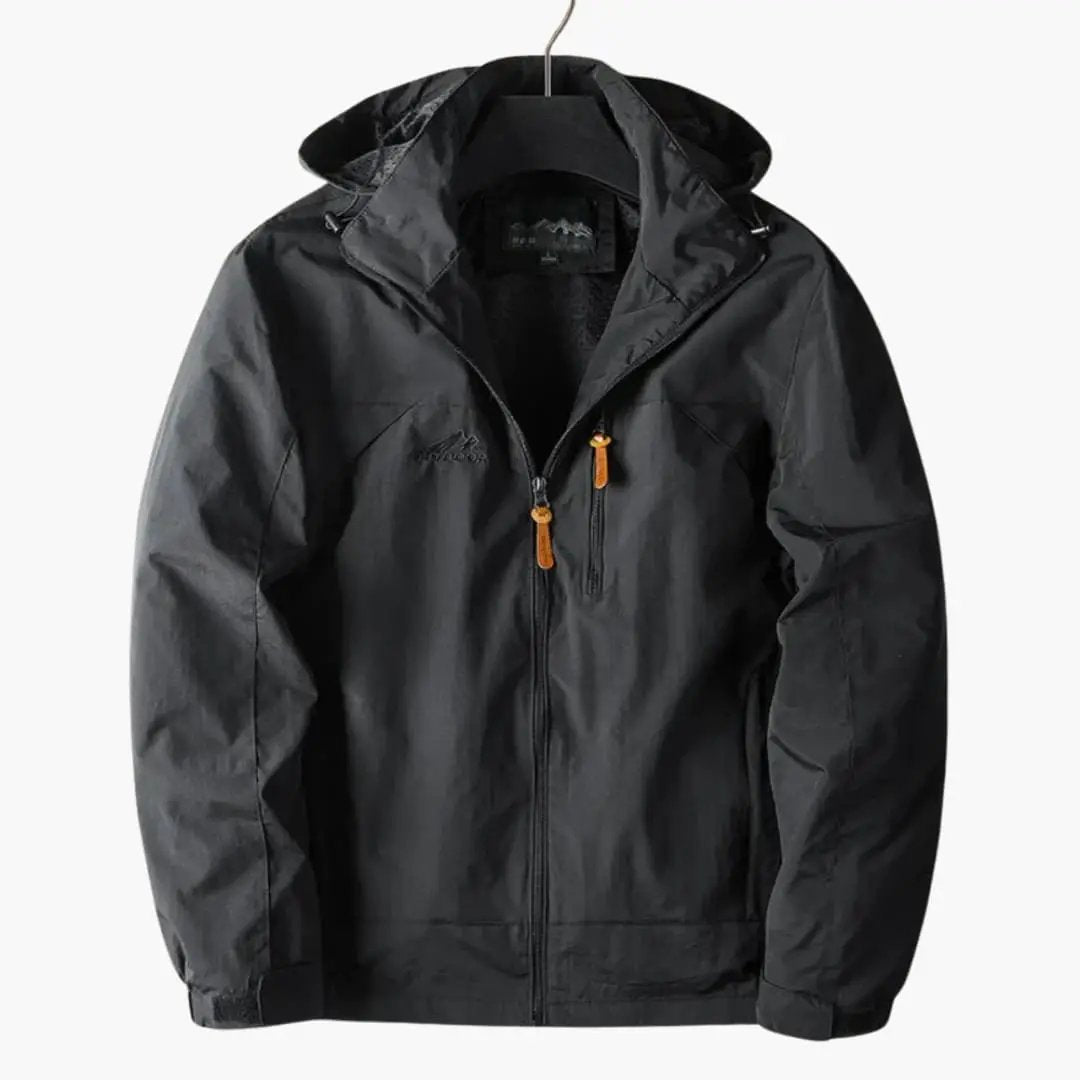 Men's Wilfred Smith outdoor sport jacket with hood, black with orange zipper pulls