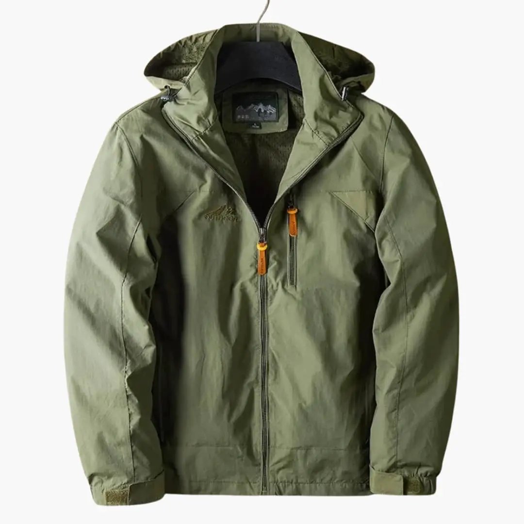 Men's outdoor jacket with hood in olive green, orange zipper pulls, Wilfred Smith sport jacket.