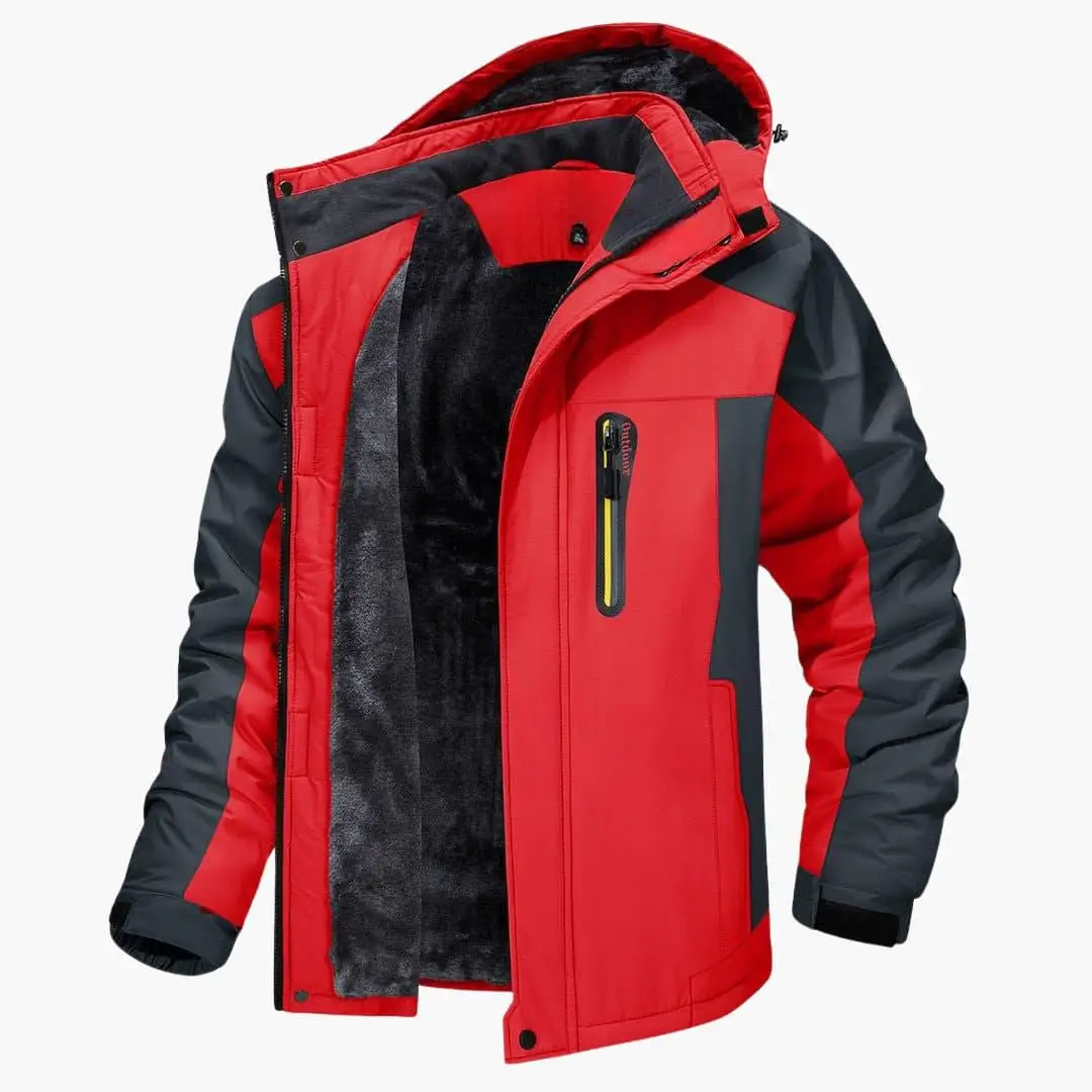 Men’s Outdoor Jacket by Wilfred Smith; red and gray hooded sport jacket with zip chest pocket