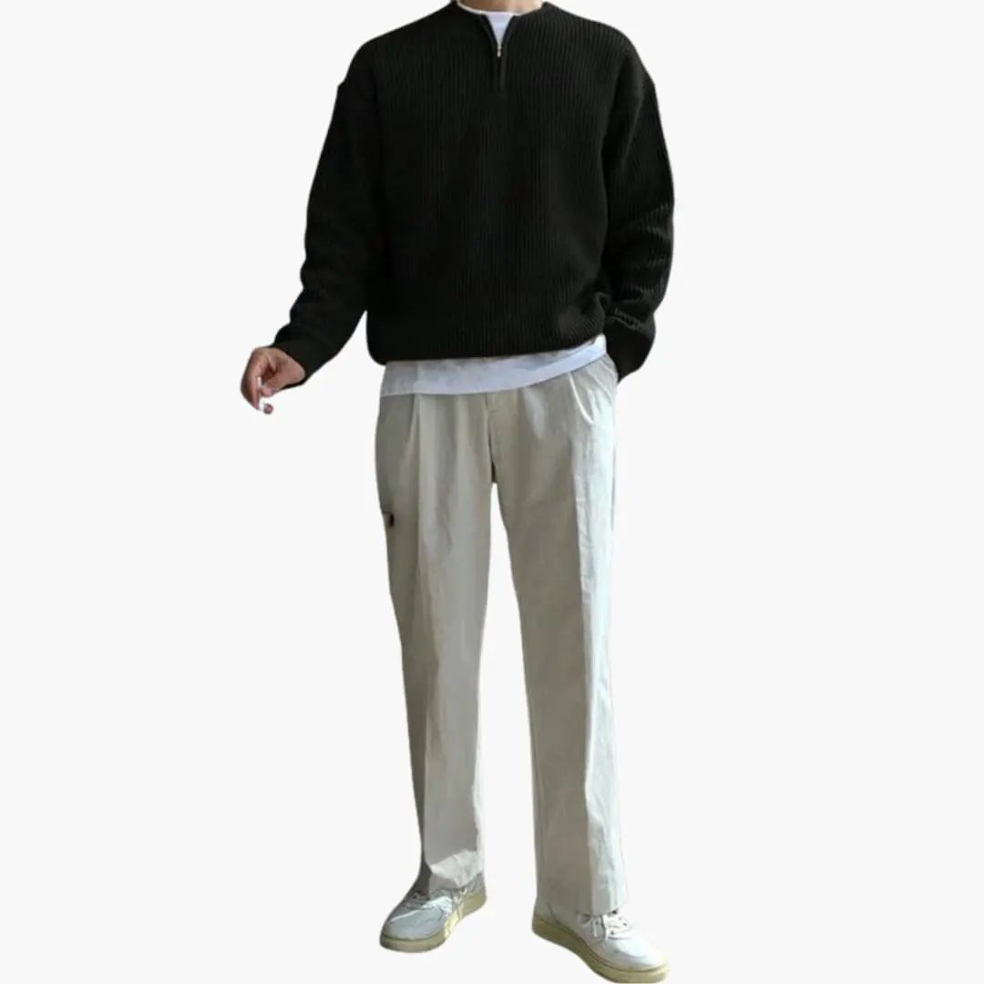 Men's oversized half-zip knit sweater in black with modern knit by Wilfred Smith
