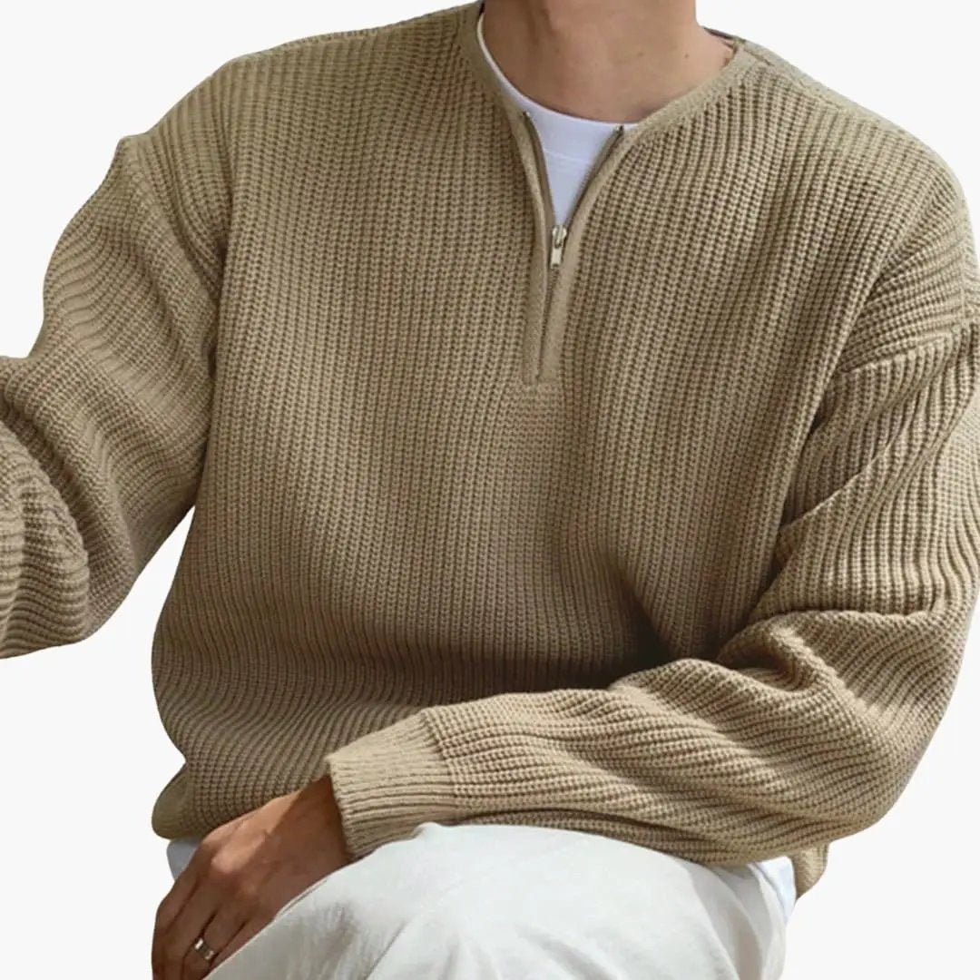 Men's oversized half-zip knit sweater in beige with chunky knit texture