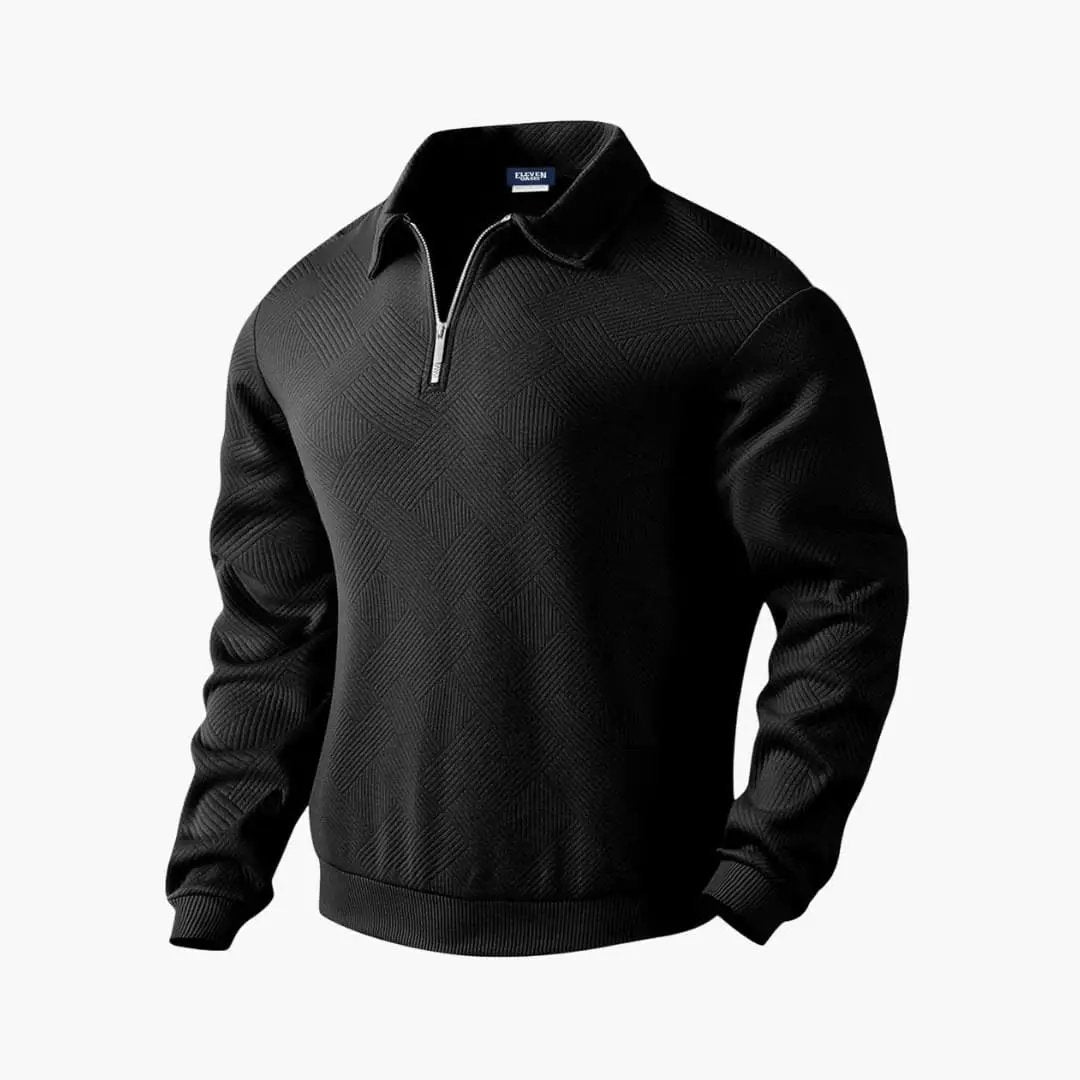 Men’s Half-Zip Sweater with Turn-Down Collar in black textured knit by Wilfred Smith