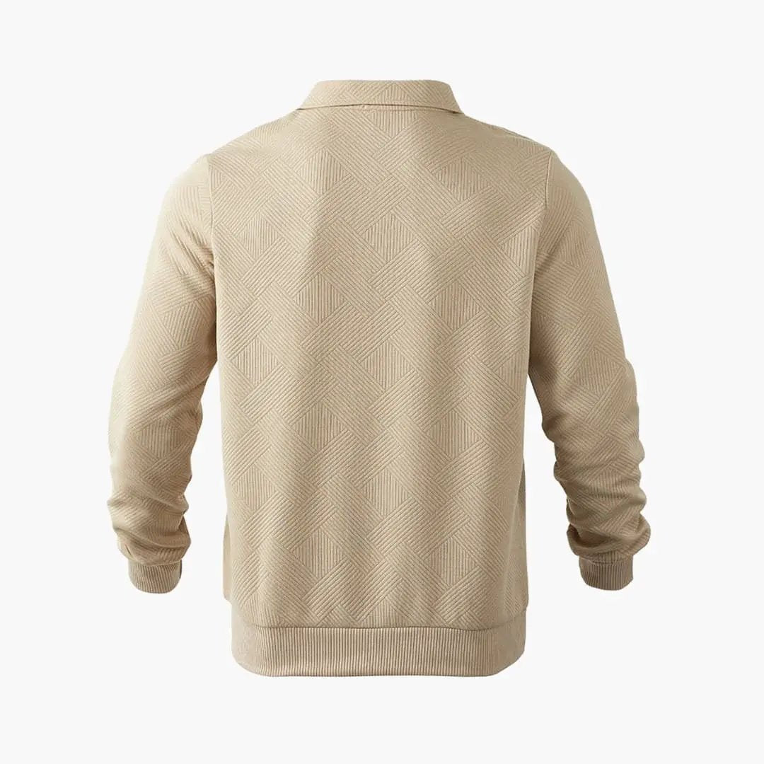 Men’s Half-Zip Sweater with Turn-Down Collar by Wilfred Smith in beige geometric knit (back view)