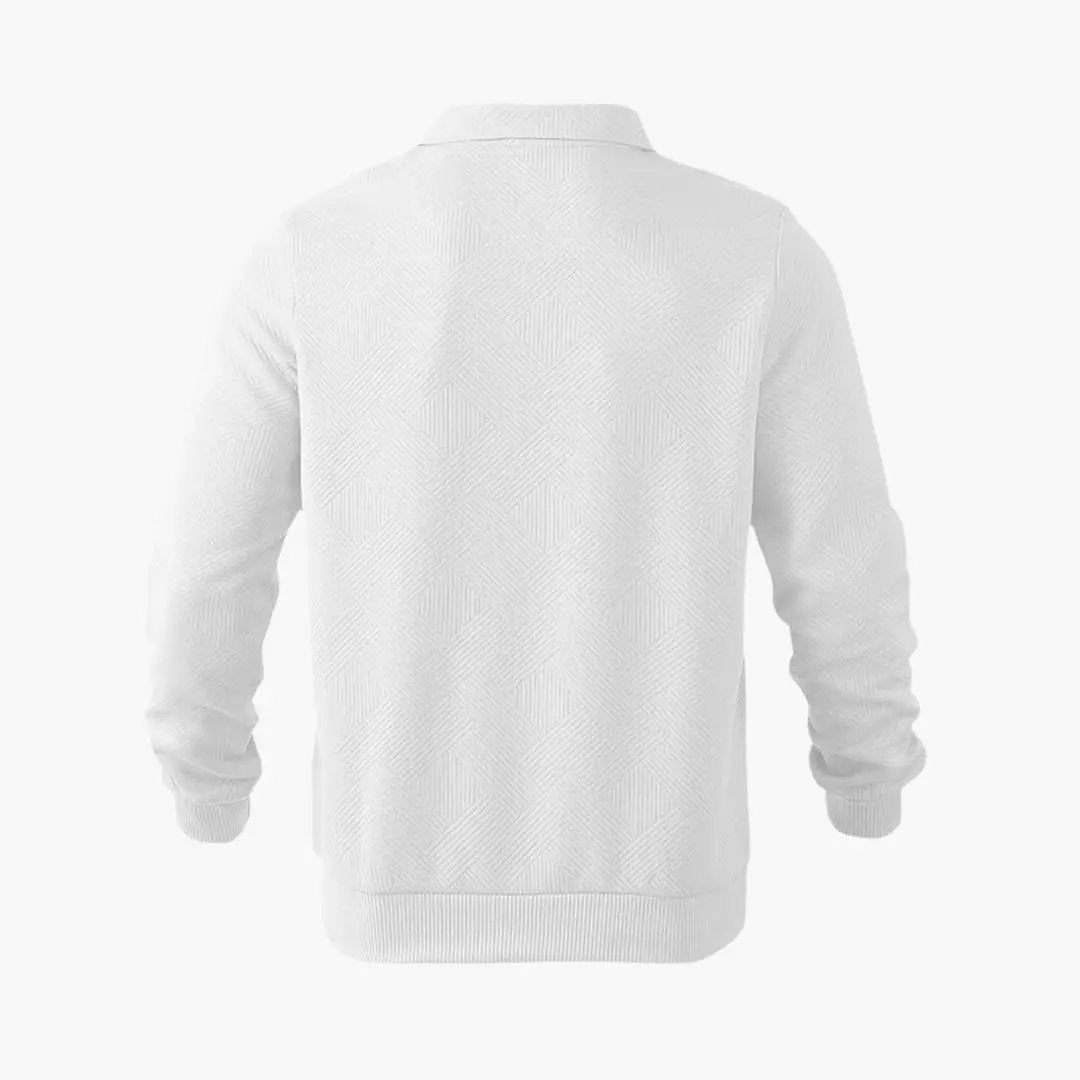 Men’s Half-Zip Sweater with Turn-Down Collar in white knit with geometric diamond pattern