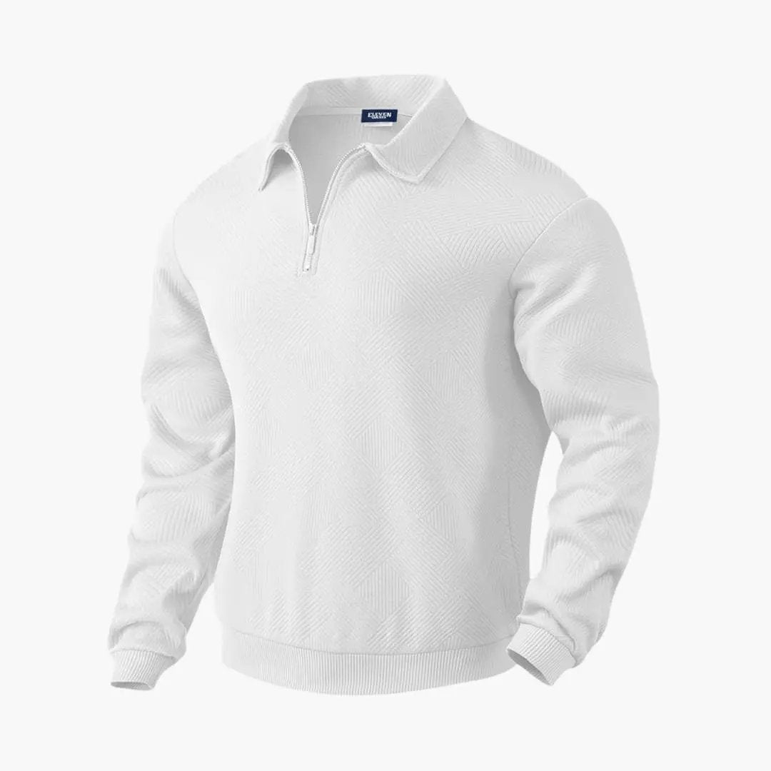 Men’s half-zip sweater with turn-down collar in white knit; Wilfred Smith label visible.