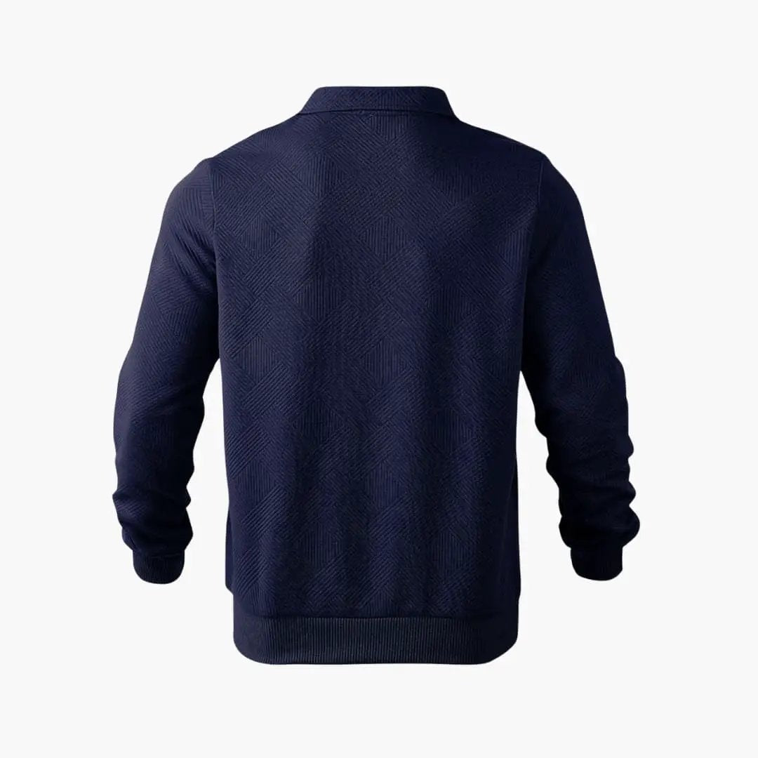Men’s Half-Zip Sweater in navy knit with textured geometric pattern and ribbed cuffs and hem
