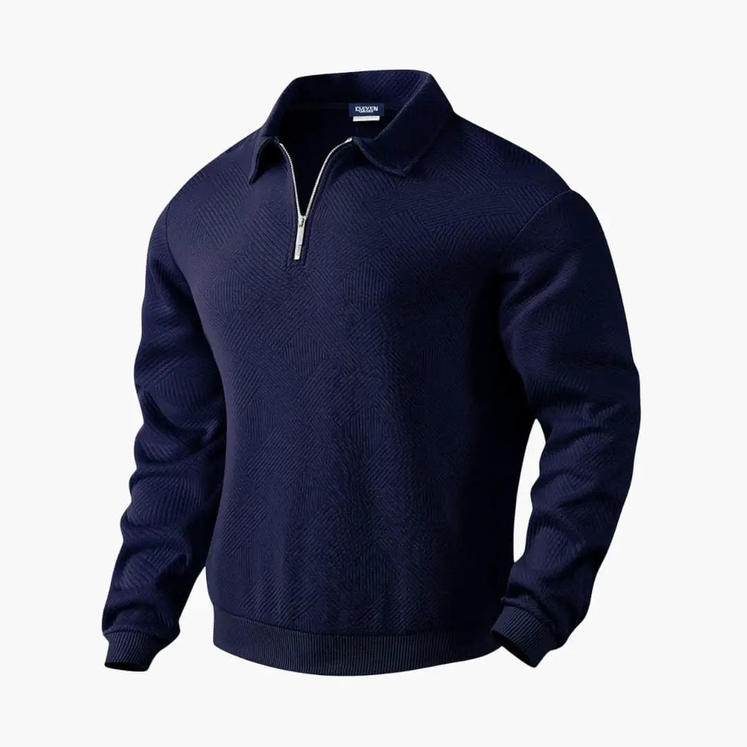 Men's half-zip sweater with turn-down collar by Wilfred Smith in navy knit