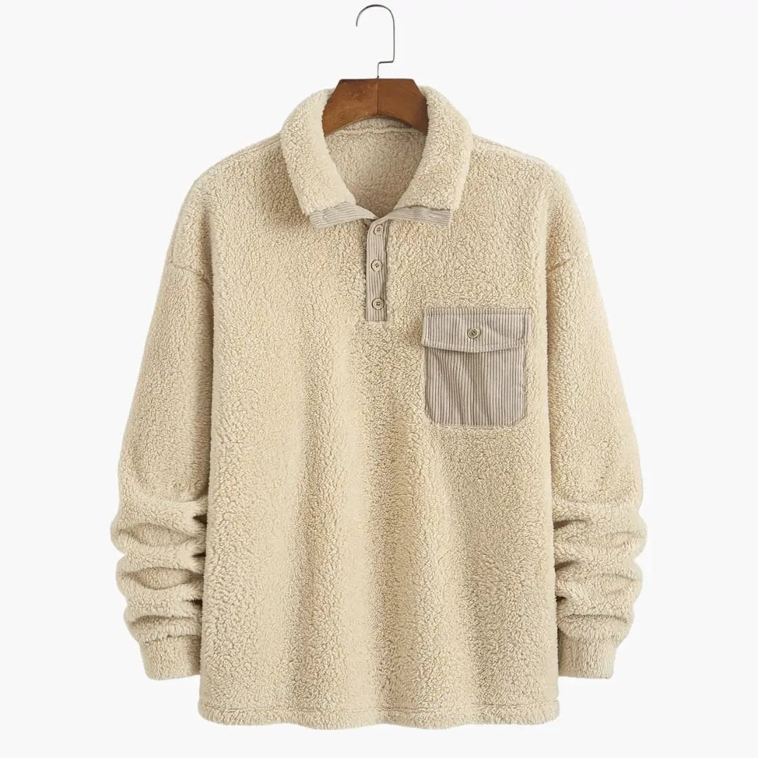 Men's beige sherpa fleece sweater with polo collar, three-button placket and striped chest pocket.