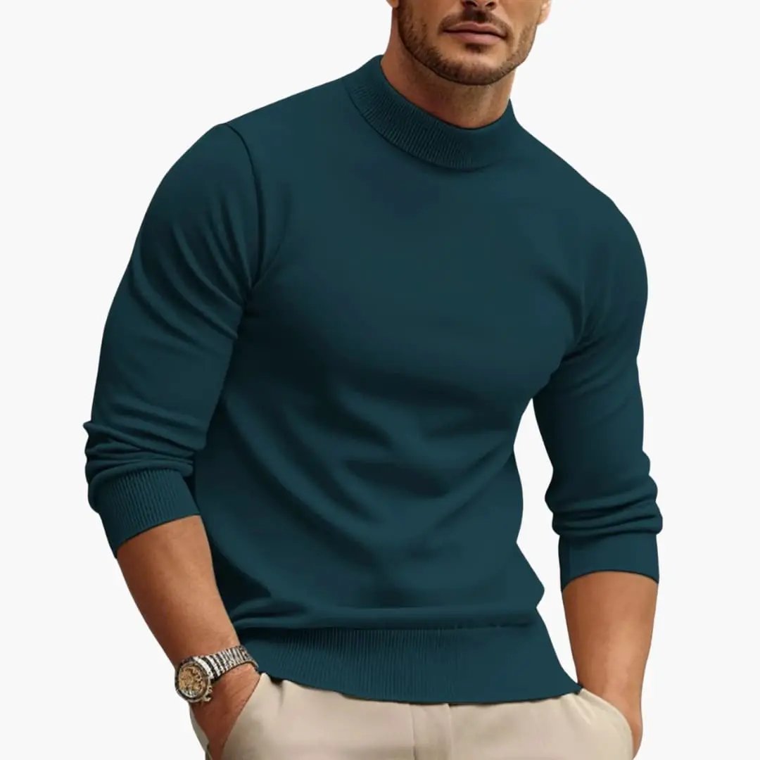 Men's teal round-neck sweater with ribbed cuffs by Wilfred Smith
