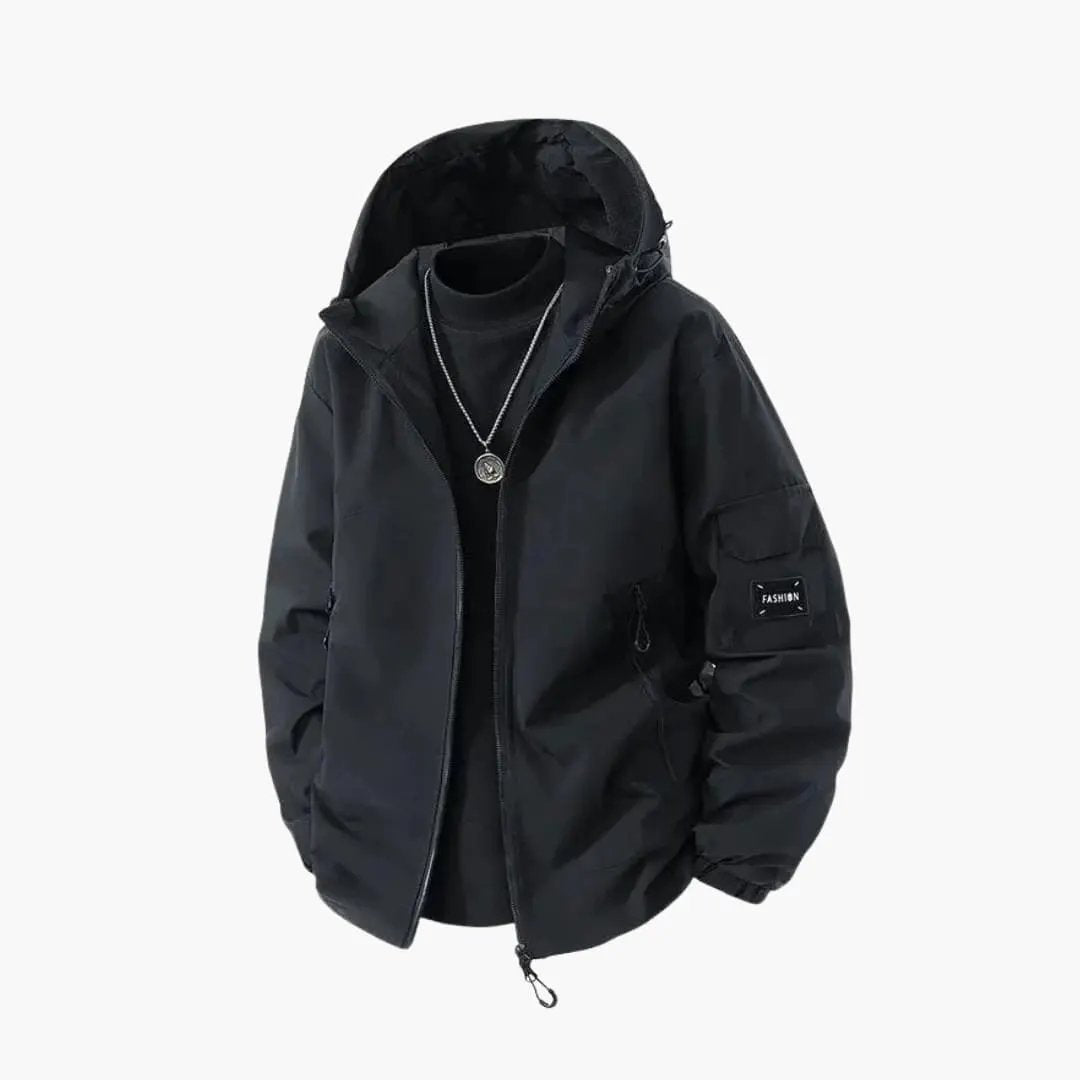 Men's ski jacket with hood by Wilfred Smith, black zip-front sport jacket