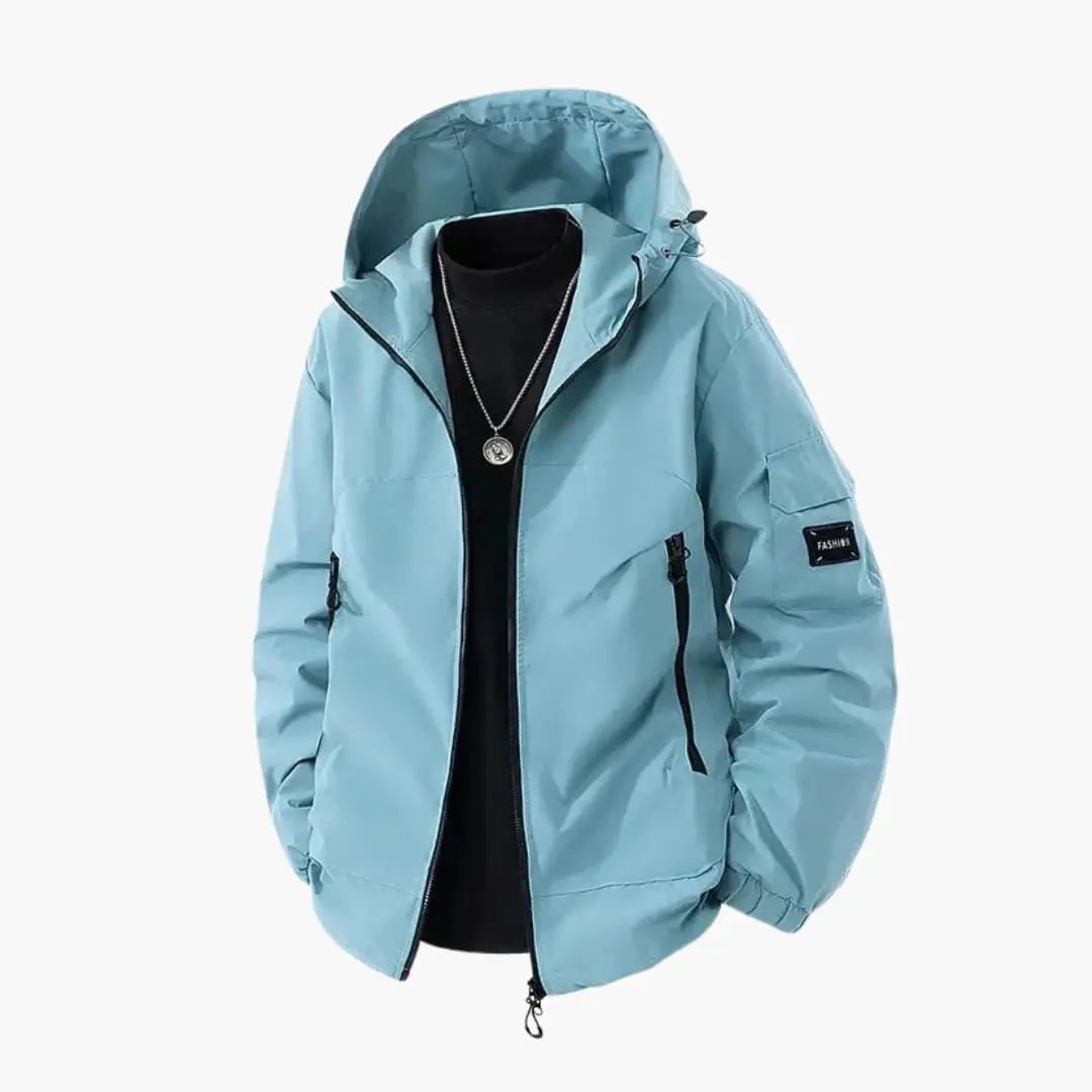 Men's ski jacket with hood, light blue, Wilfred Smith sport jacket with zip pockets
