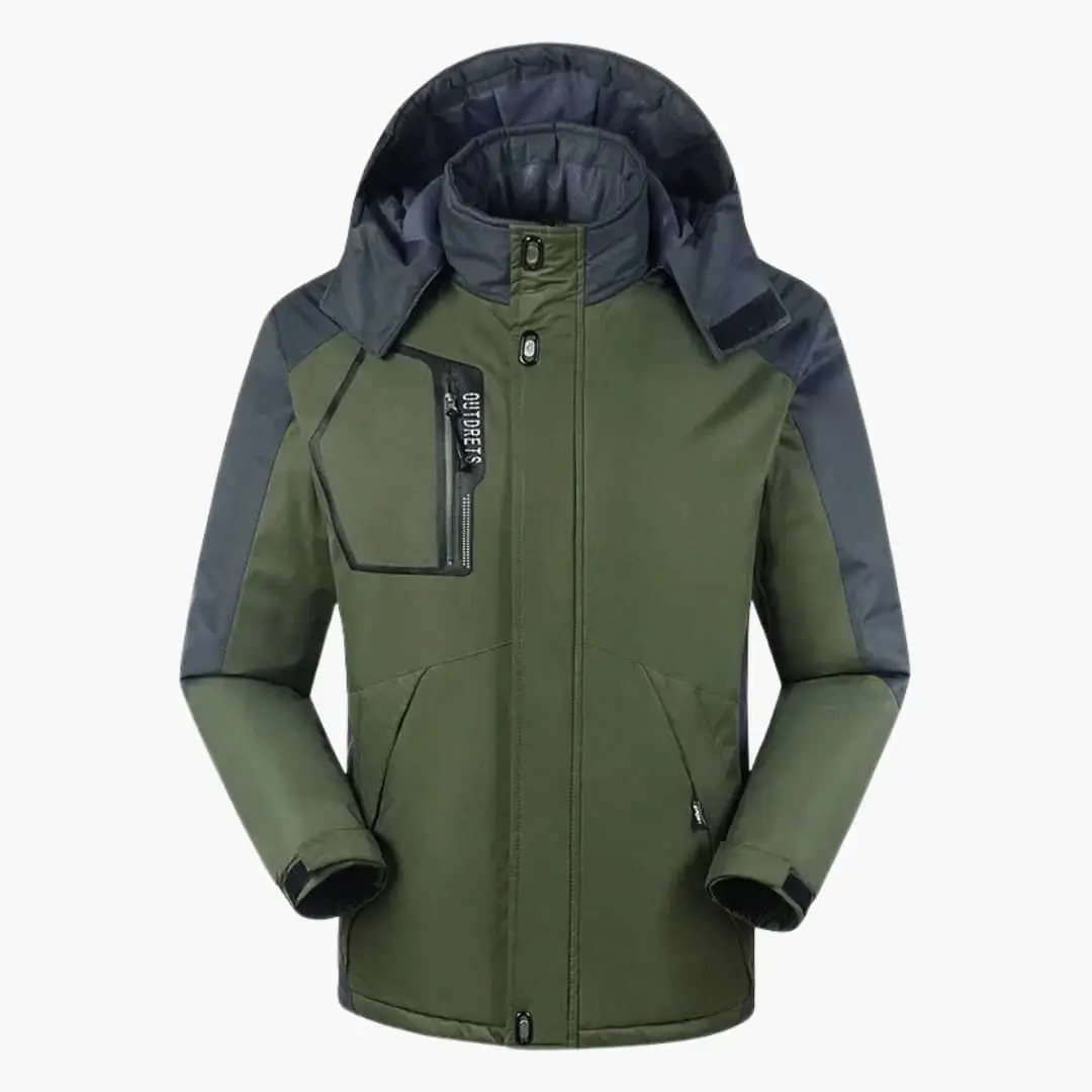 Men's hooded olive-green ski jacket with dark gray sleeves and front zipper