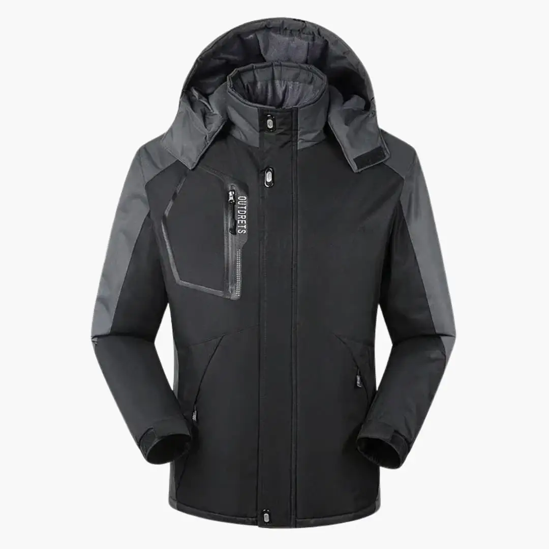 Wilfred Smith men's ski jacket with hood and zipper, black with gray panels.