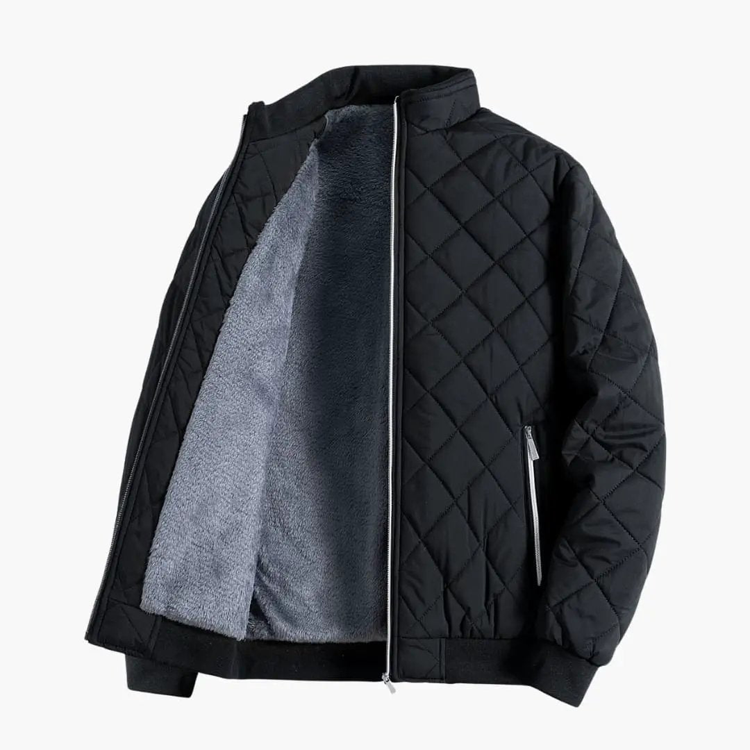 Men's Quilted Jacket with Stand-Up Collar and Zipper, black outer with grey fleece lining