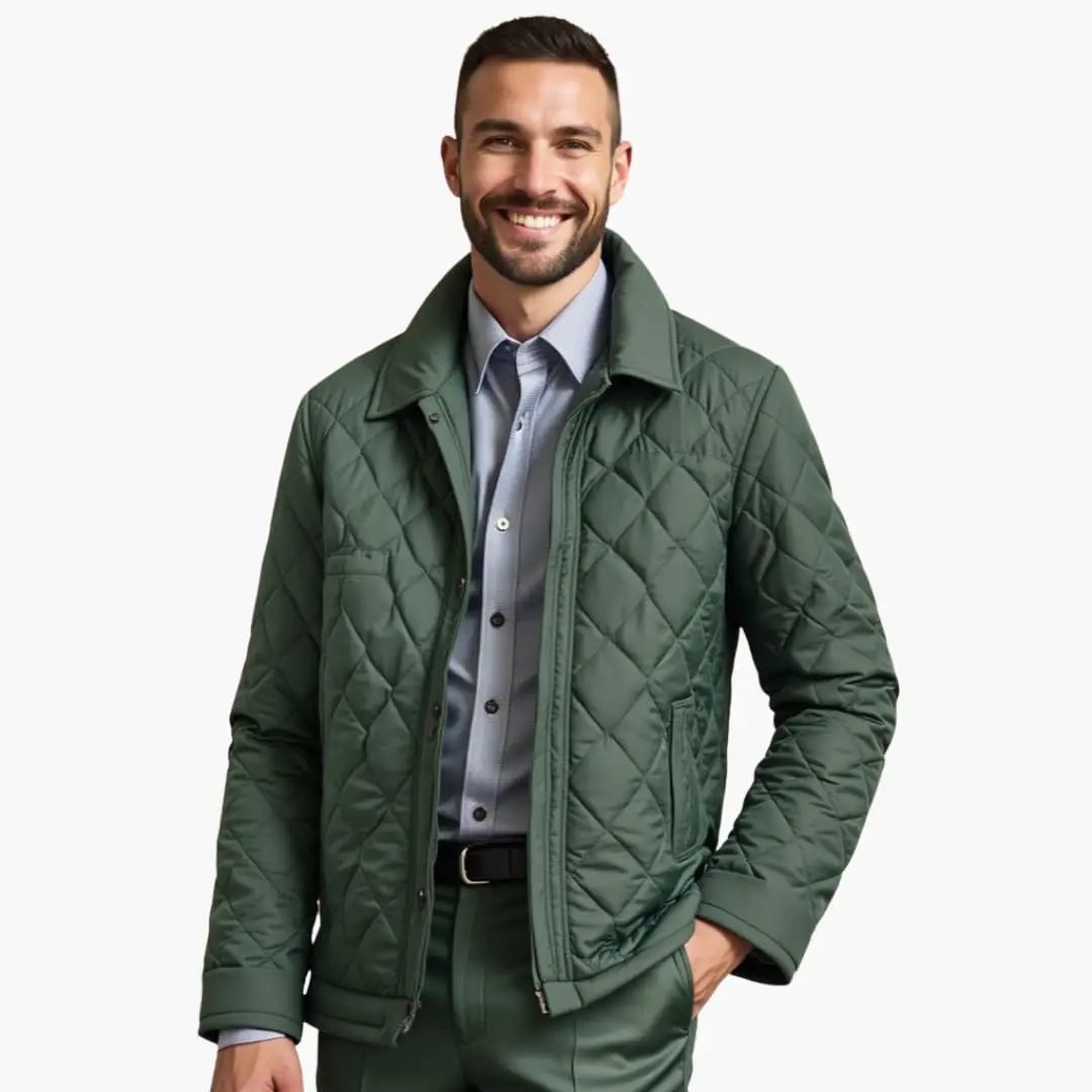 Men's quilted jacket with lapel collar in green by Wilfred Smith