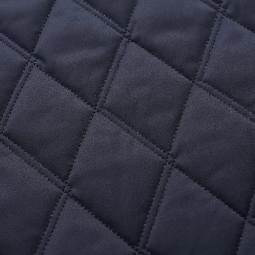 Men's quilted jacket with lapel collar in navy, diamond stitch pattern, Wilfred Smith.