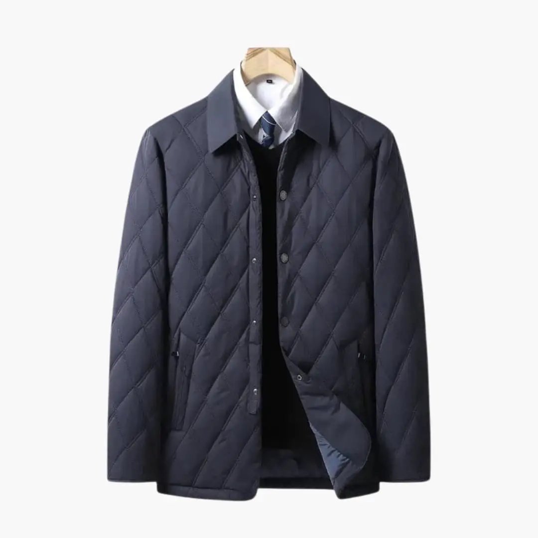 Men's quilted jacket with lapel collar, navy blue, displayed on a hanger.