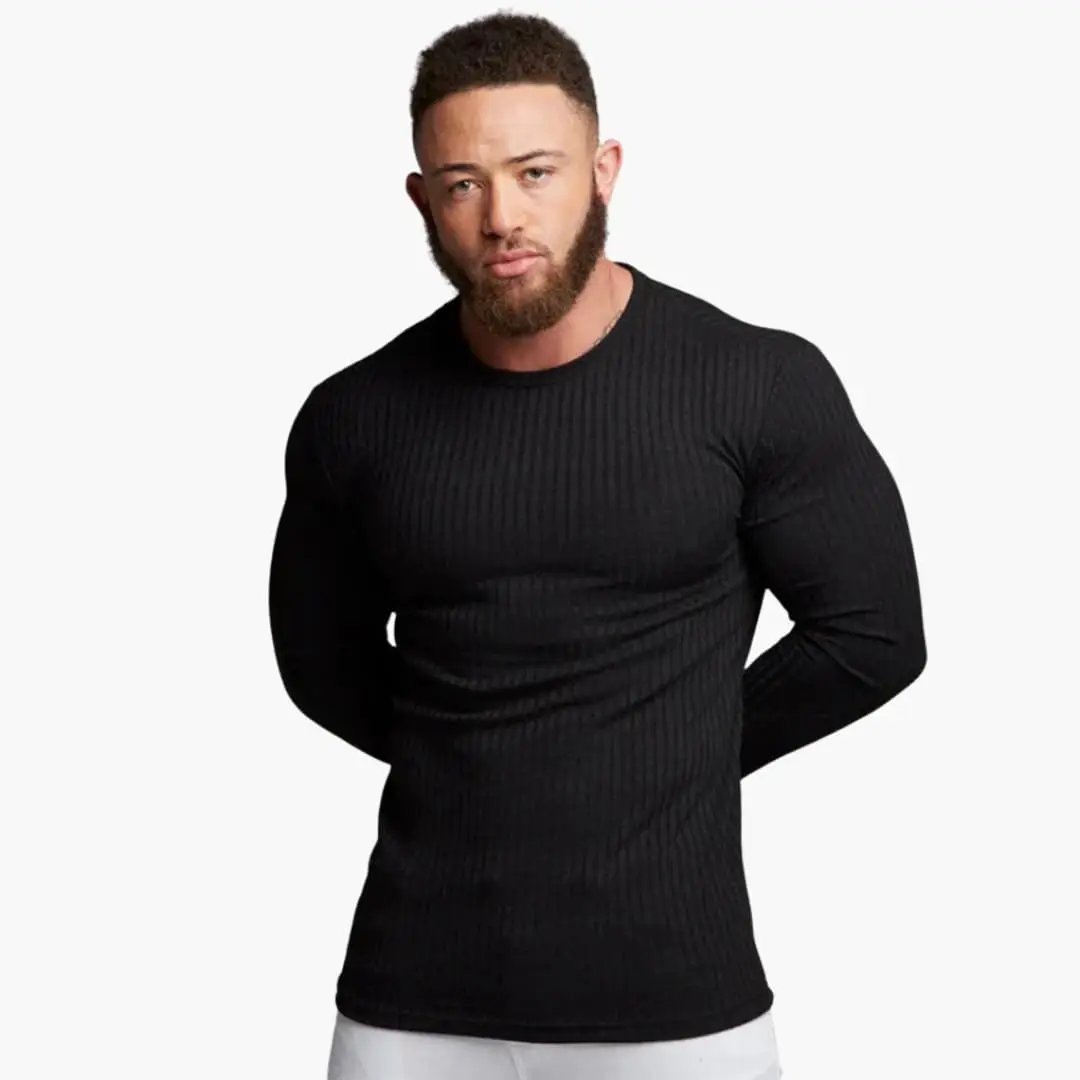 Men's Knit Sweater with Ribbed Knit in black, long-sleeve pullover