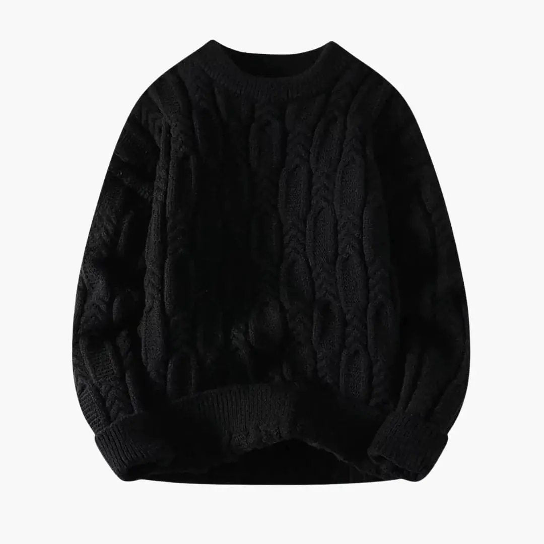 Men's black cable-knit sweater by Wilfred Smith, knit pullover