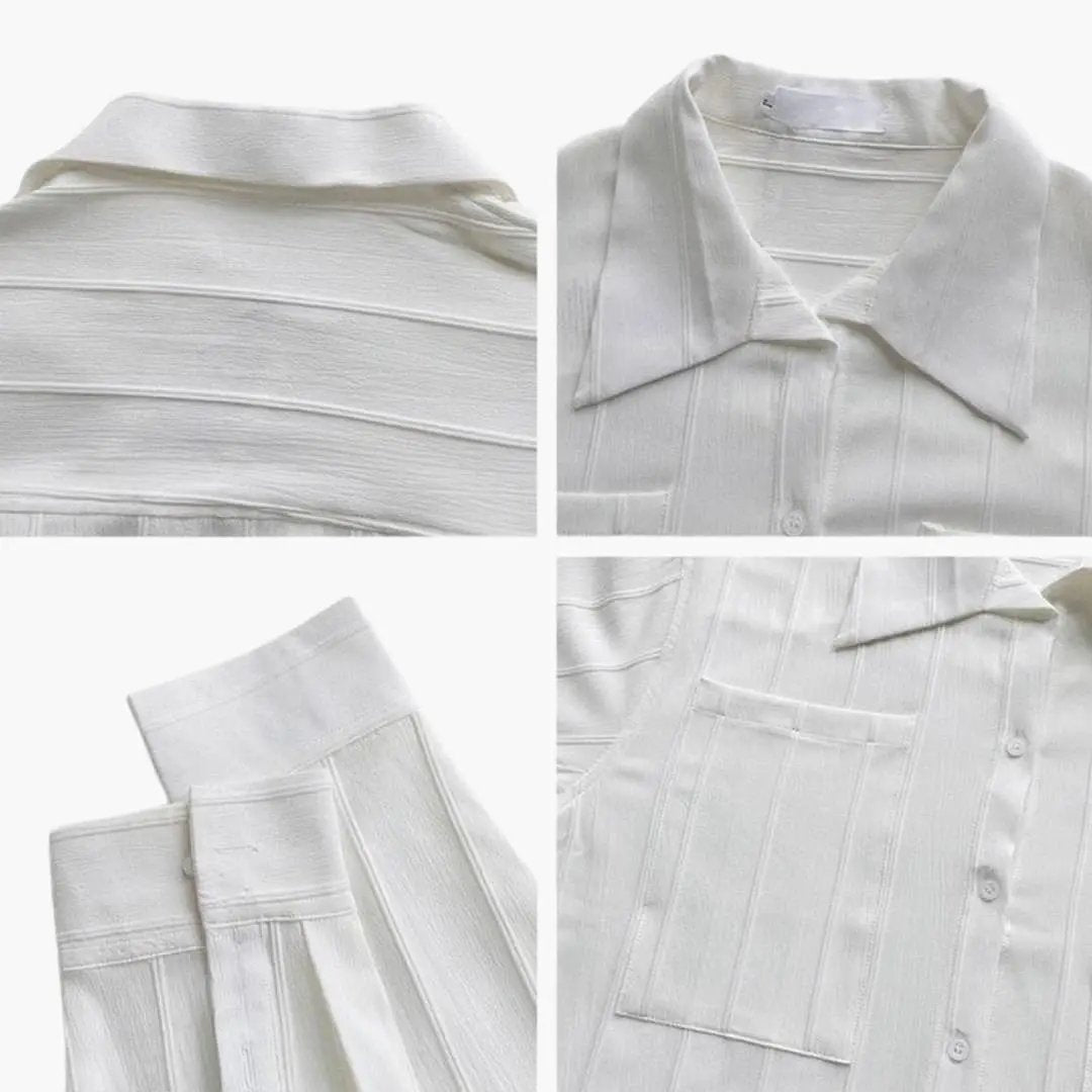 Men's white ribbed long-sleeve shirt by Wilfred Smith with spread collar and chest pocket