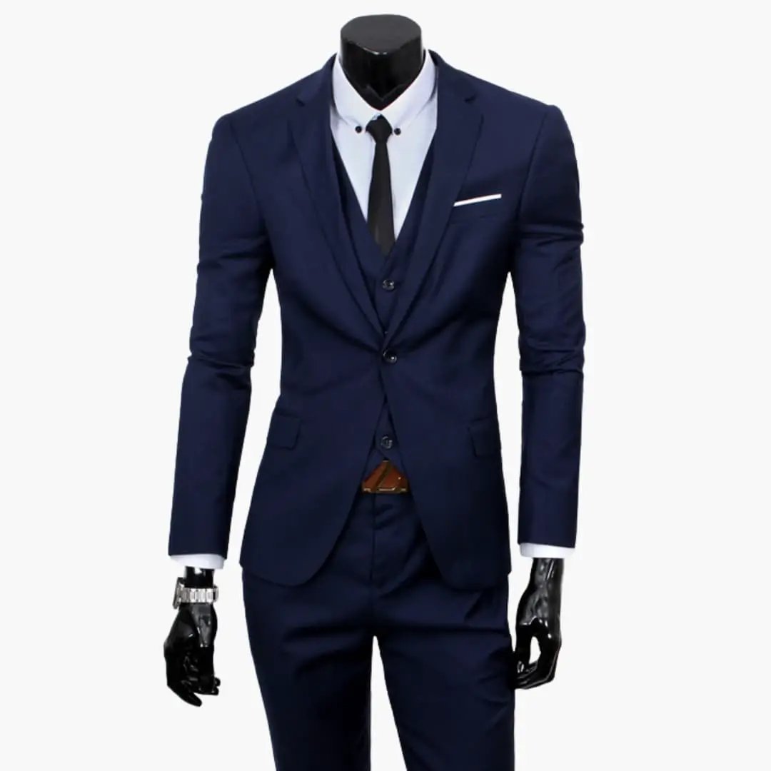 Men's wedding suit set with jacket and vest in navy blue, three-piece, slim fit