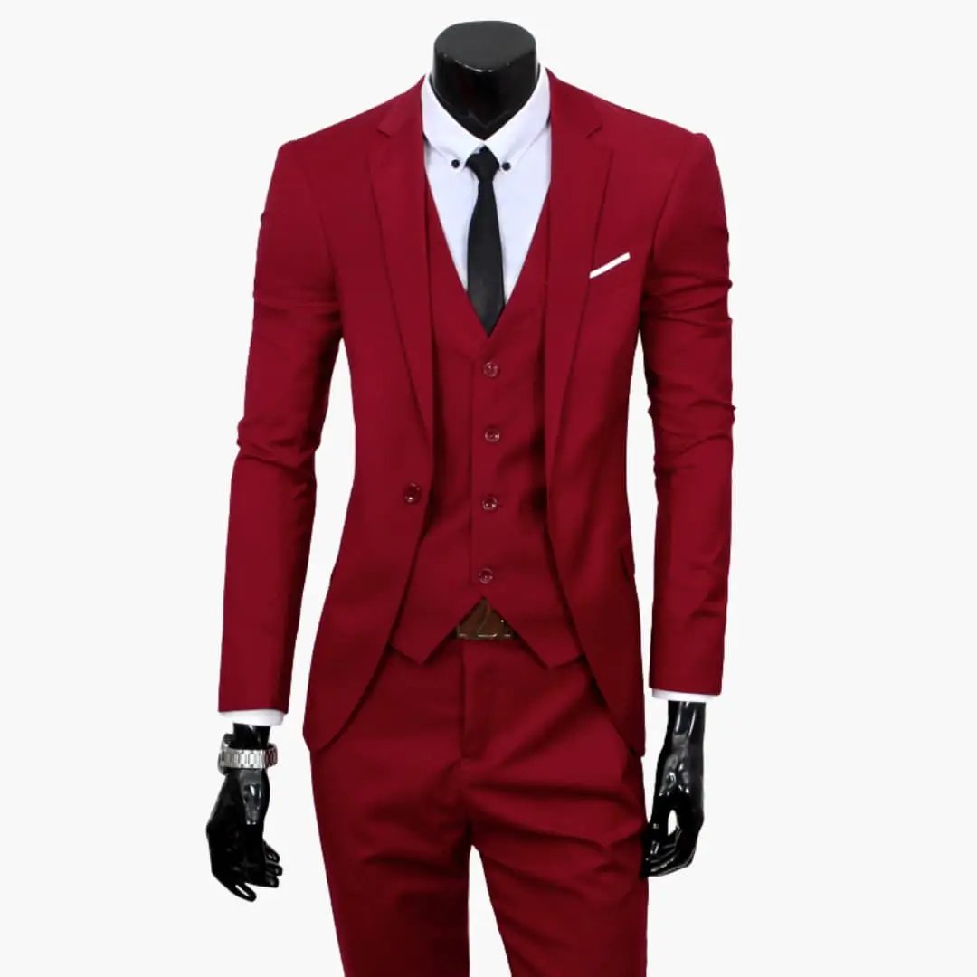 Men's burgundy wedding suit set with jacket, vest and pants, white shirt and black tie