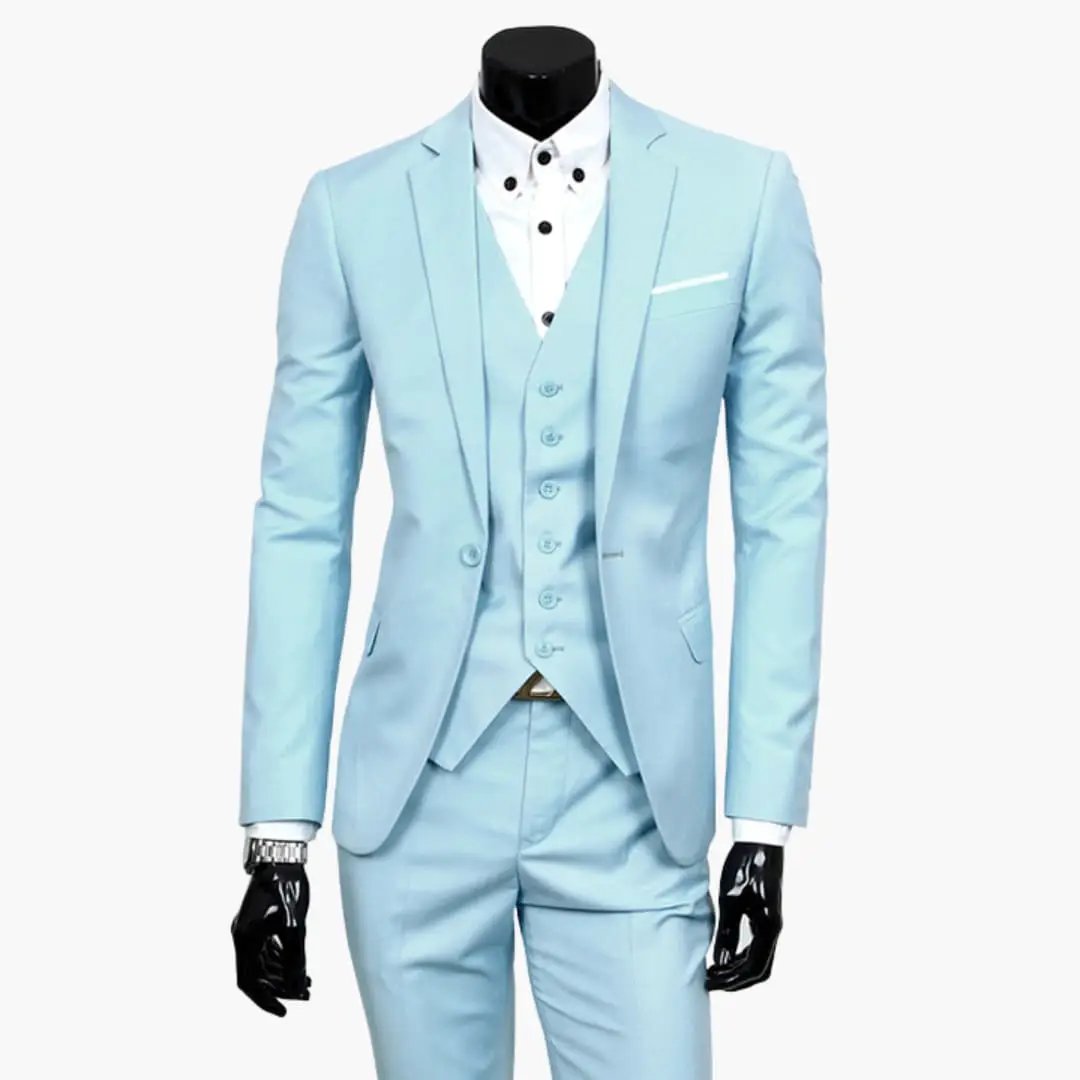 Men's wedding suit set with jacket, vest and pants in light blue by Wilfred Smith