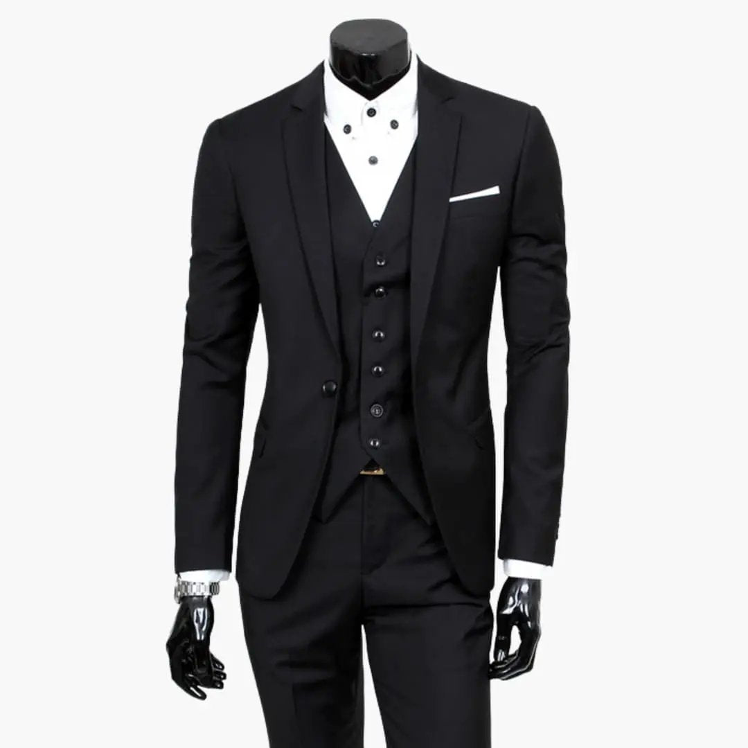 Men's wedding suit set by Wilfred Smith, black three-piece with jacket and vest.