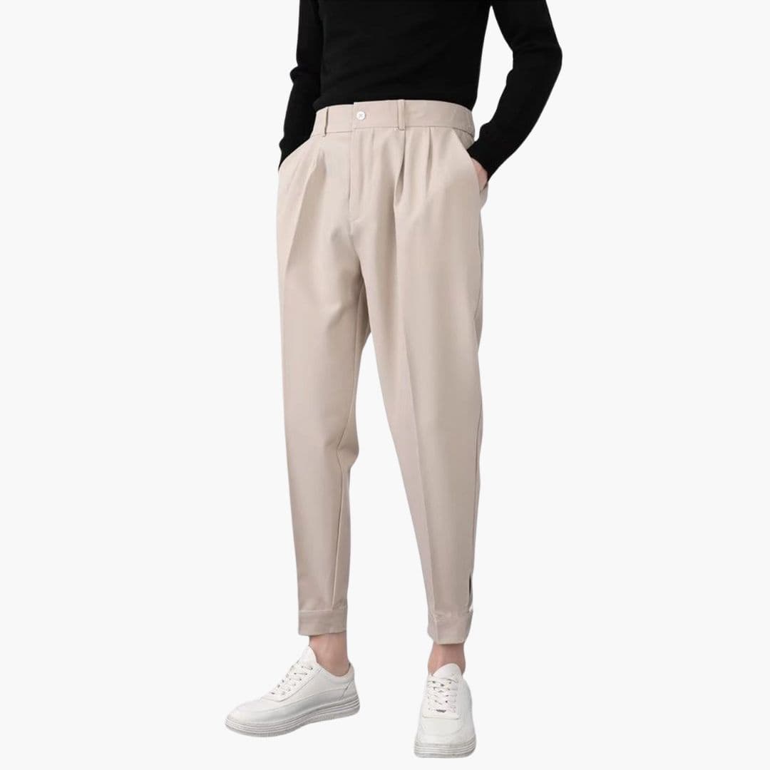 Men's trousers by Wilfred Smith, beige tapered-fit with button closure and side pockets