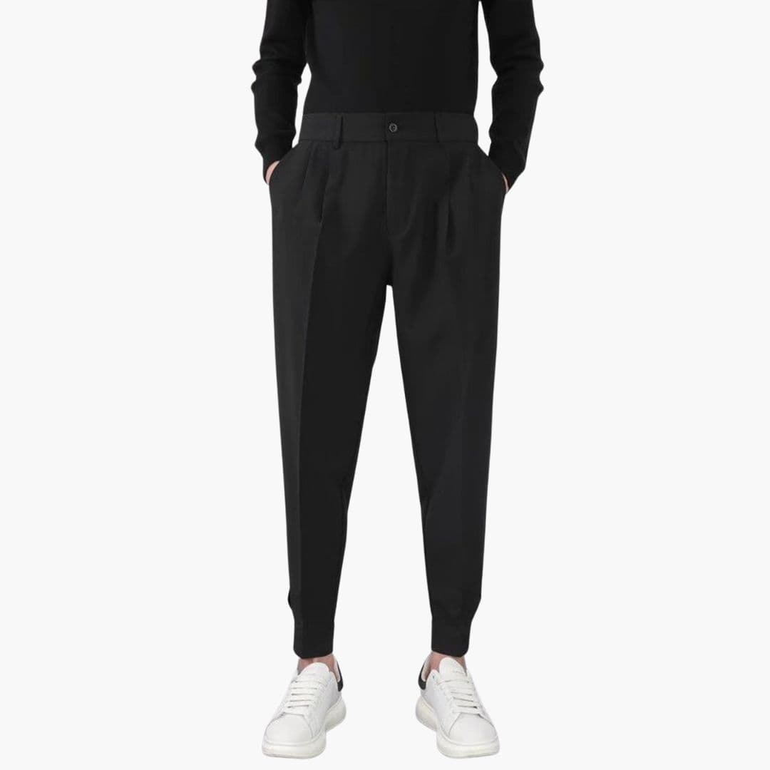 Men's trousers by Wilfred Smith, black tapered-fit with button closure and side pockets