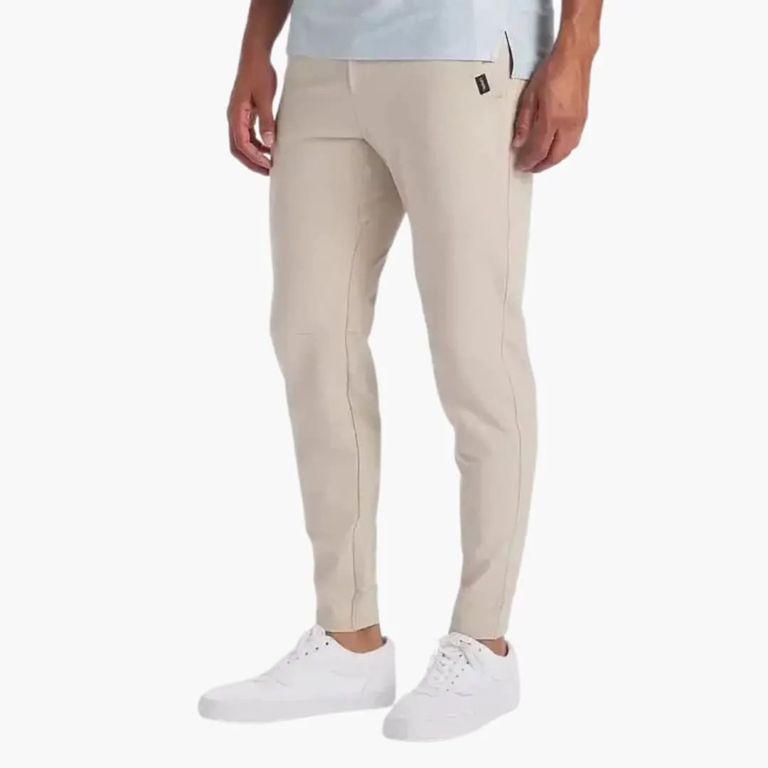 Men's pants with stretch waistband and tapered legs in beige, Wilfred Smith trousers
