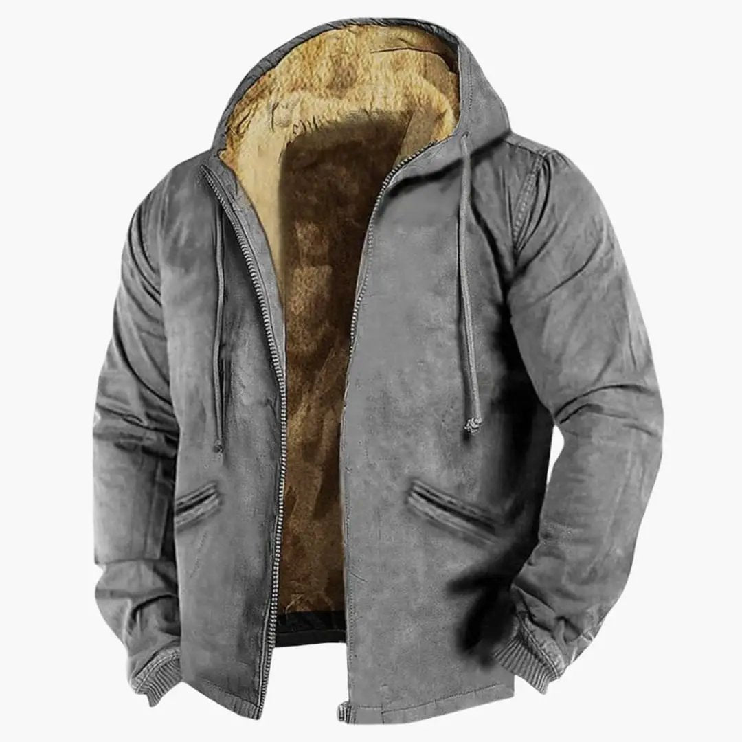 Men's hooded jacket with zip front, gray exterior and brown faux-fur interior