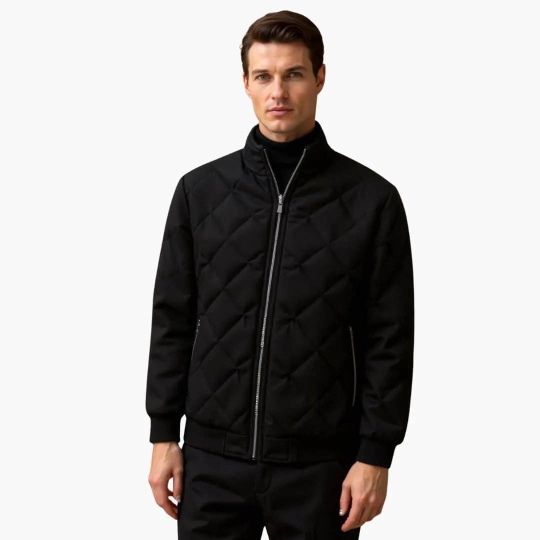 Men's jacket by Wilfred Smith, black diamond-quilted with zip front and pockets