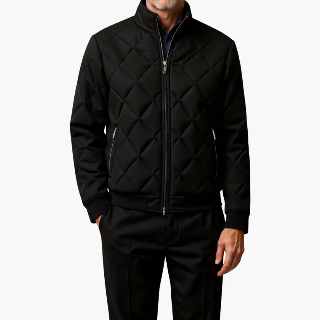Men's black quilted jacket with zipper by Wilfred Smith; diamond-quilted surface