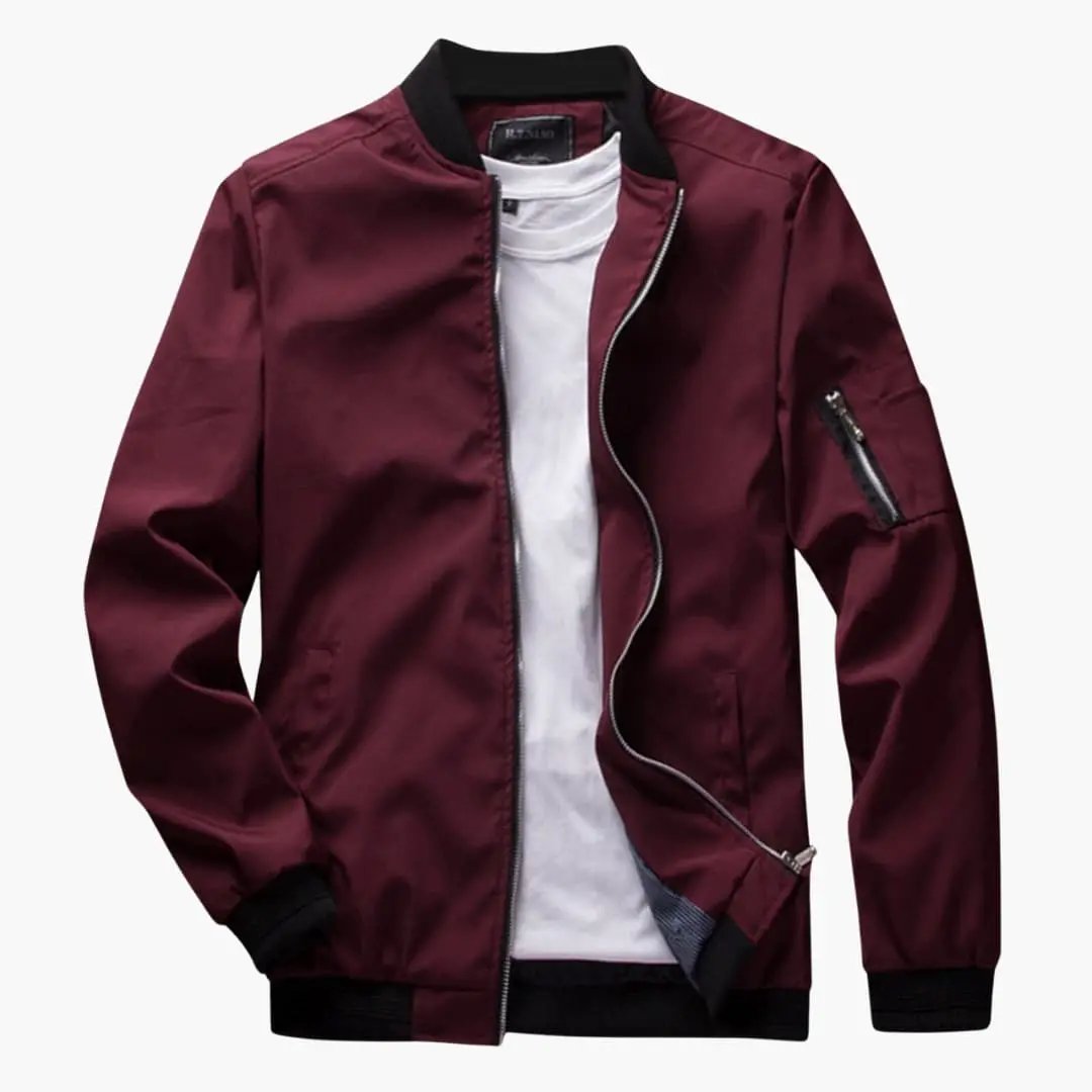 Men's bomber jacket by Wilfred Smith in burgundy with zip front and two side pockets