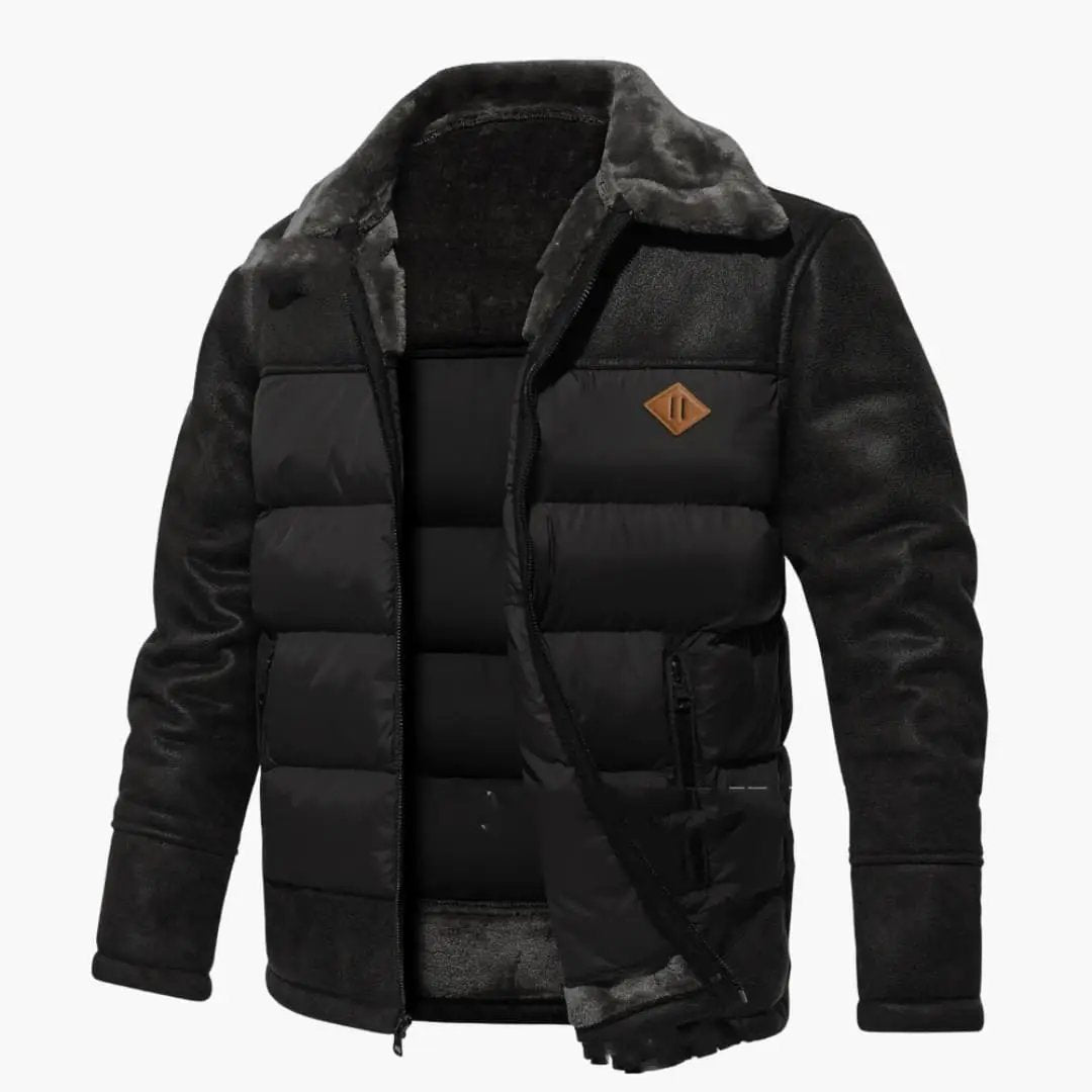 Men's black quilted puffer jacket with gray faux-fur collar, Wilfred Smith.