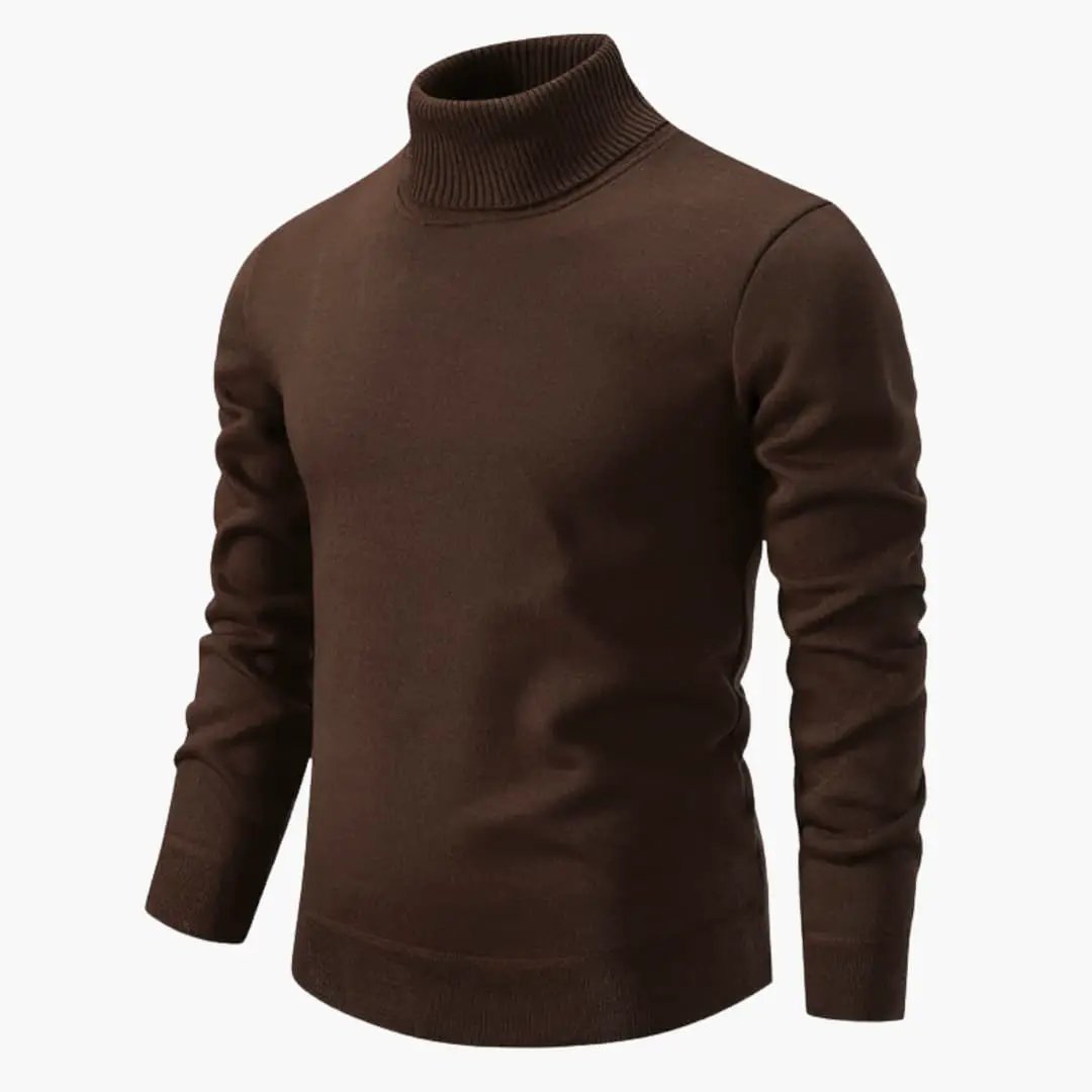 Men's brown turtleneck knit sweater by Wilfred Smith