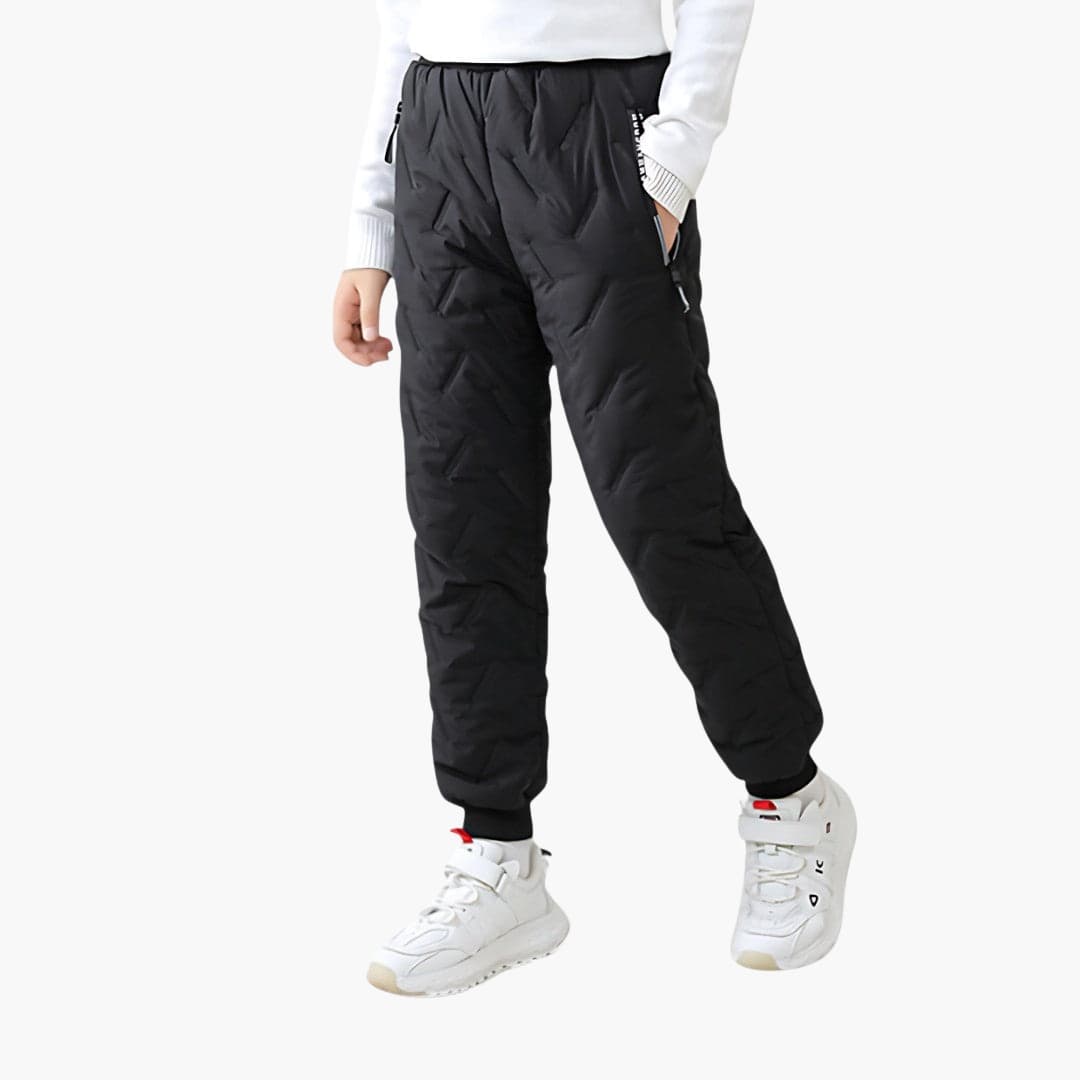 Children's quilted black pants with elastic waistband and side zip pockets
