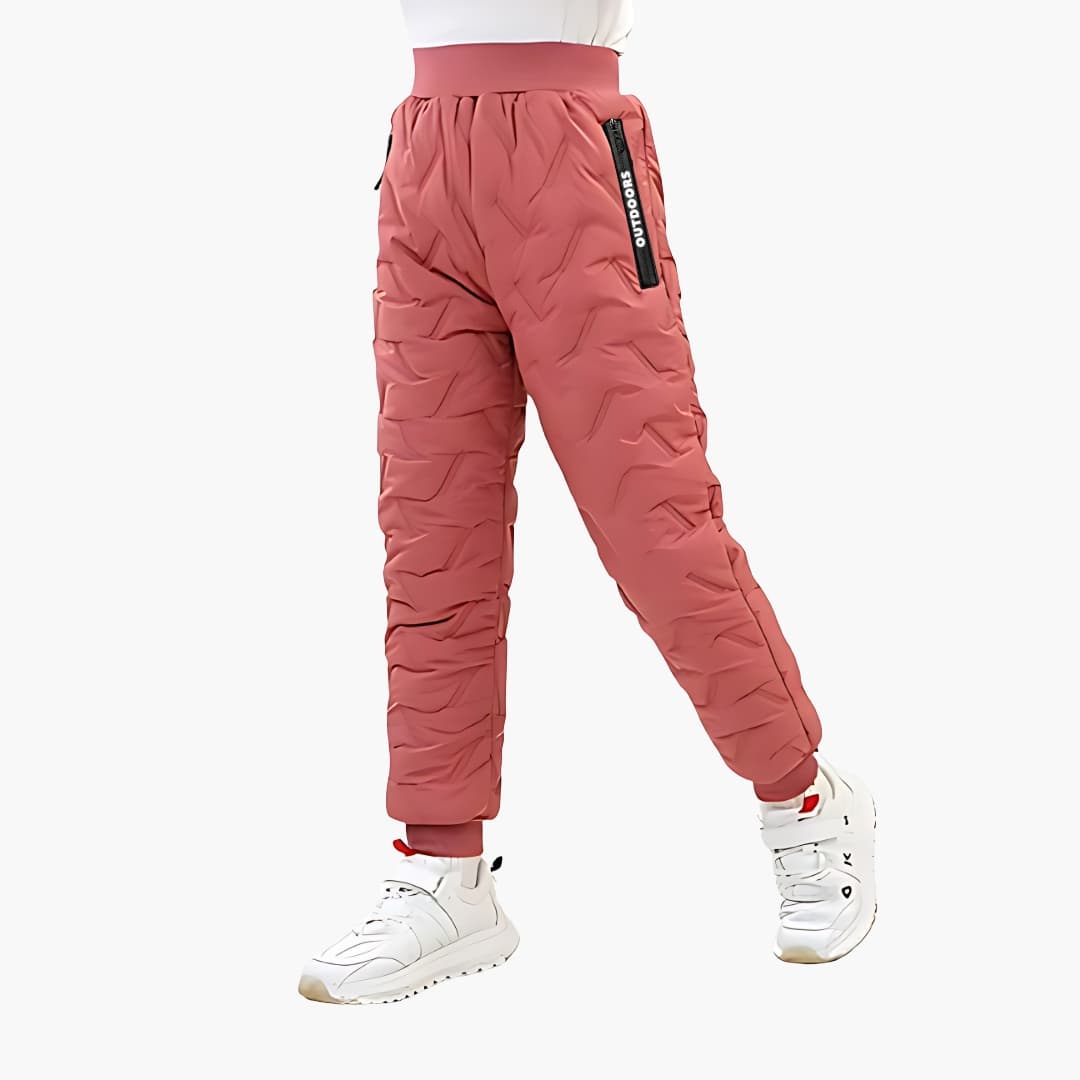 Children's quilted pink winter pants with elastic waistband and side zip pocket with Outdoors label