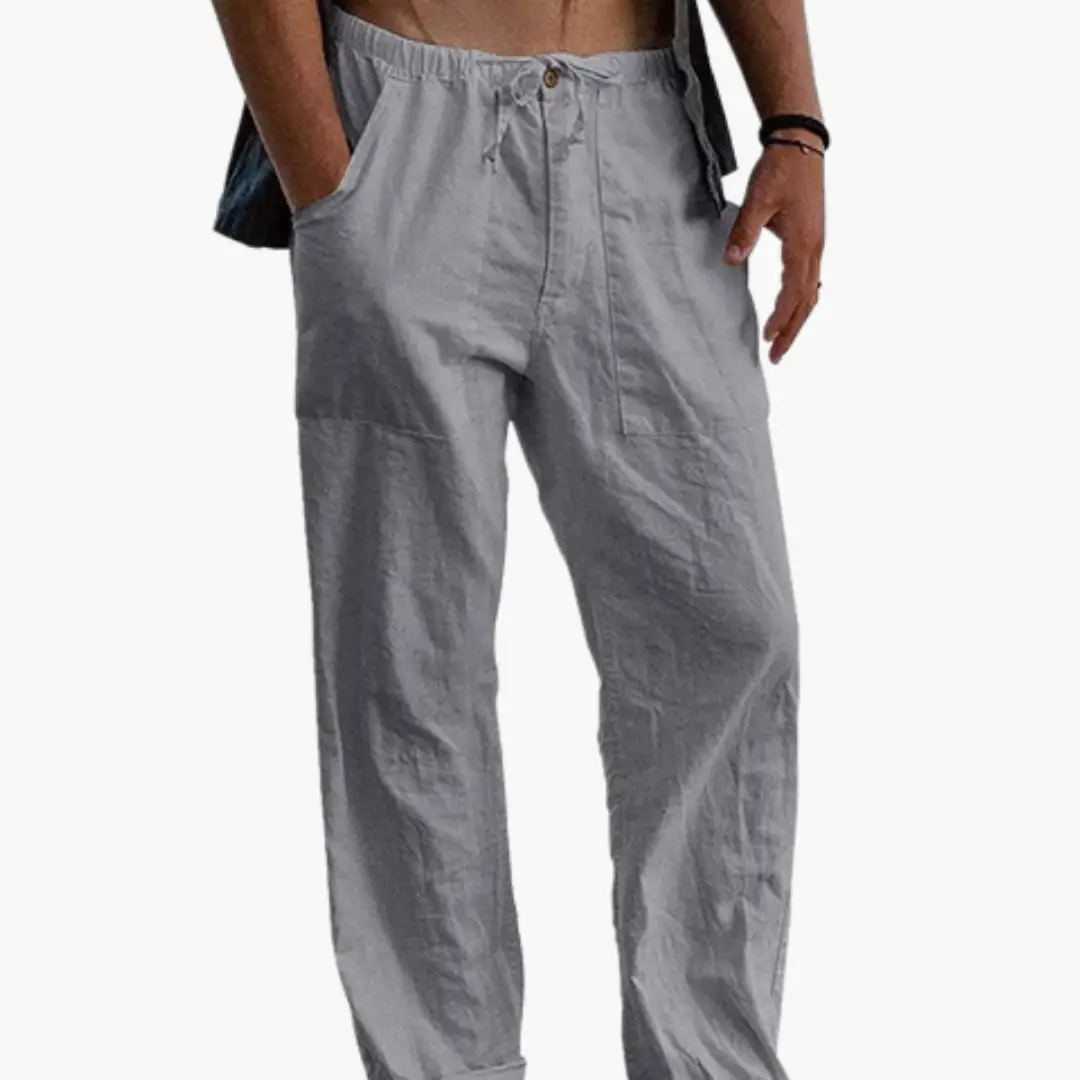 Wilfred Smith leisure pants for men, grey relaxed-fit trousers with drawstring waistband and side pockets.
