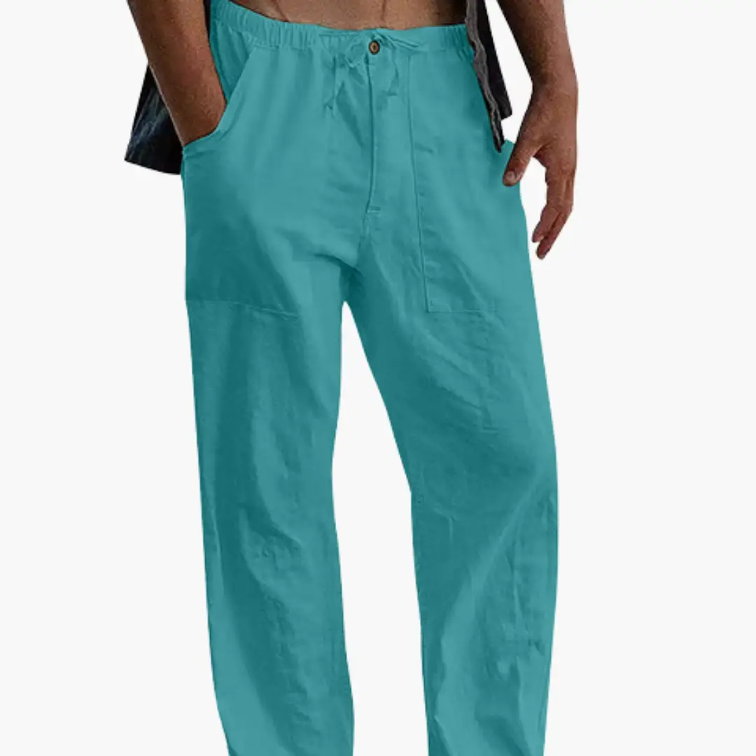 Leisure pants for men, turquoise, relaxed fit with comfortable waistband.
