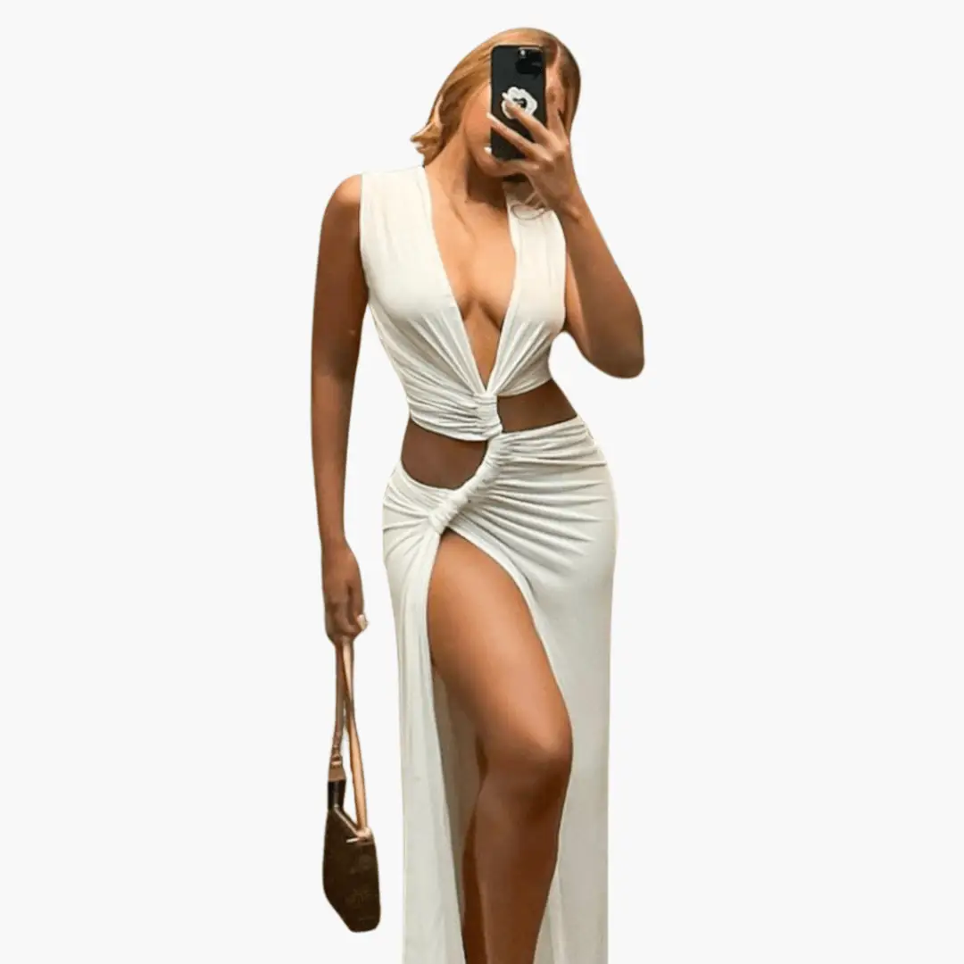 Summer dress for women in cream with deep V-neck, waist knot, side cut-outs and a high thigh slit