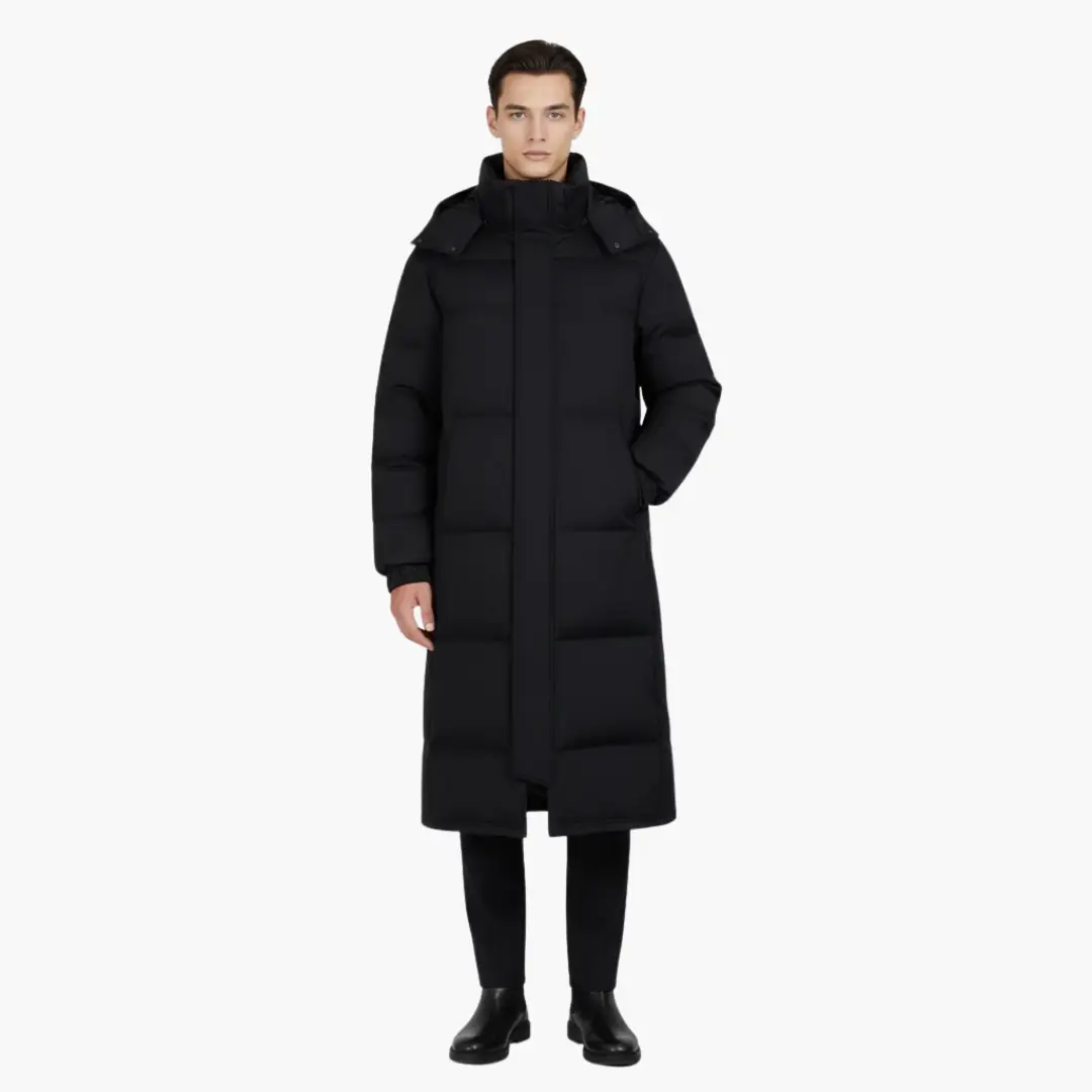 Wilfred Smith men's long black puffer parka with hood and zip closure